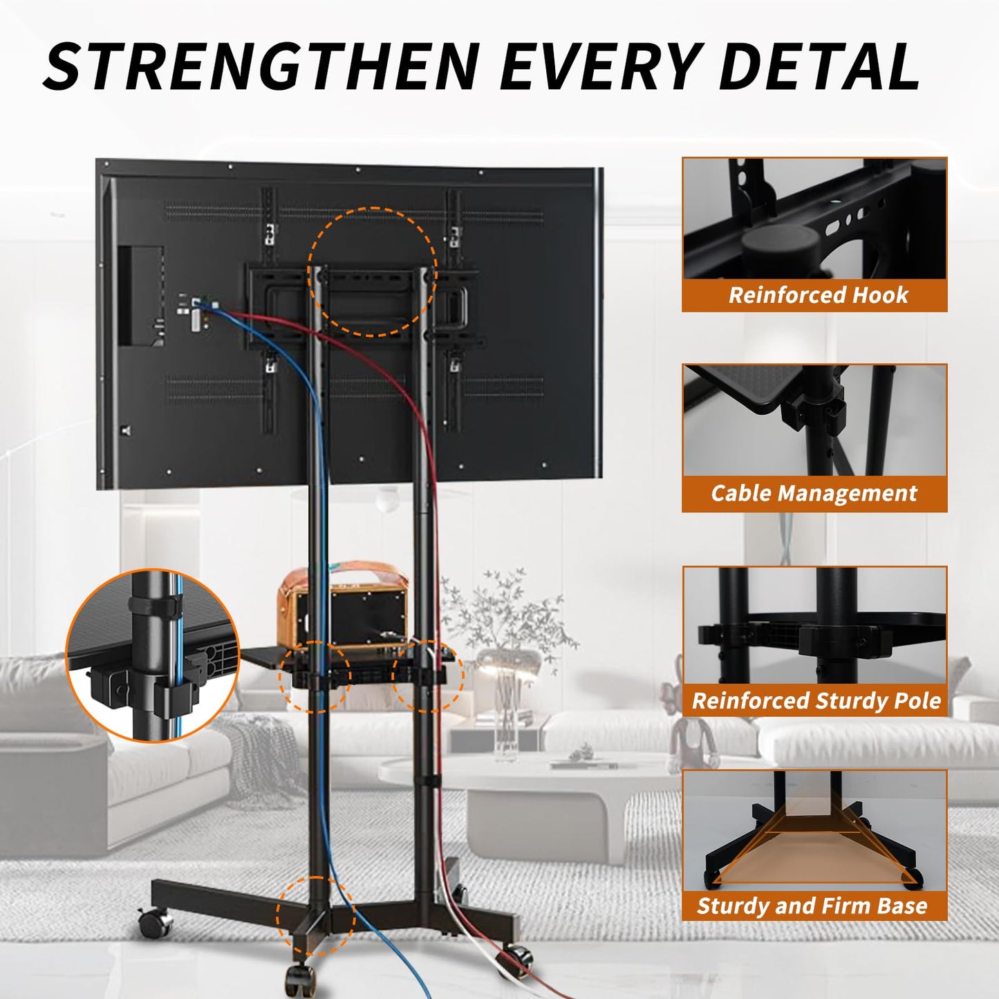 Rolling TV Stand with Wheels for 32-75 Inch TVs up to 88lbs, Portable TV Stand with Shelf, Mobile TV Cart for Living Room, Office, Meeting Room, Outdoor