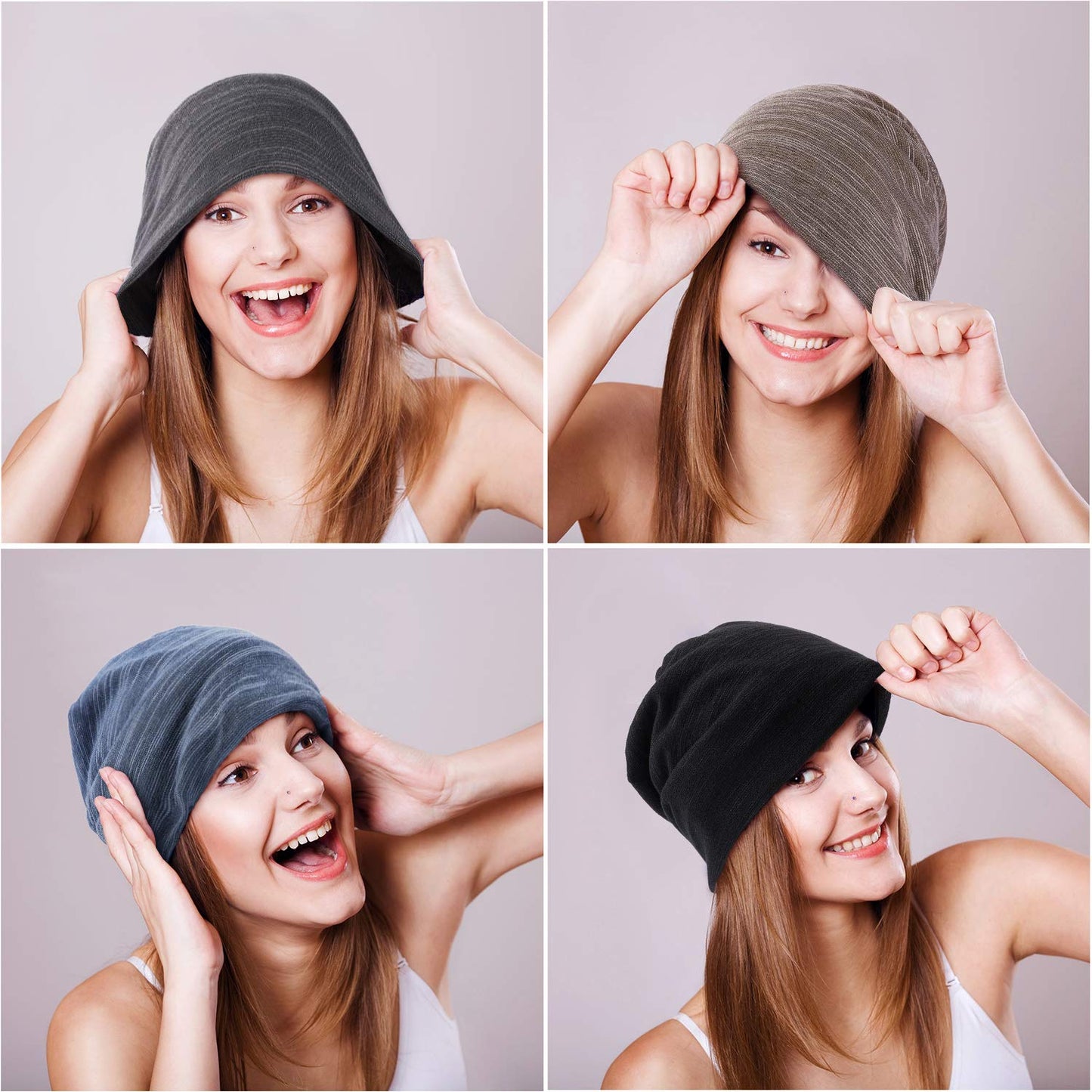 SATINIOR 4 Pieces Sleeping Cap Beanie Hat for Men Women Slouchy Beanie Baggy Skull Cap Summer Winter Knit Hat (Blue, Black, Gray, Khaki)