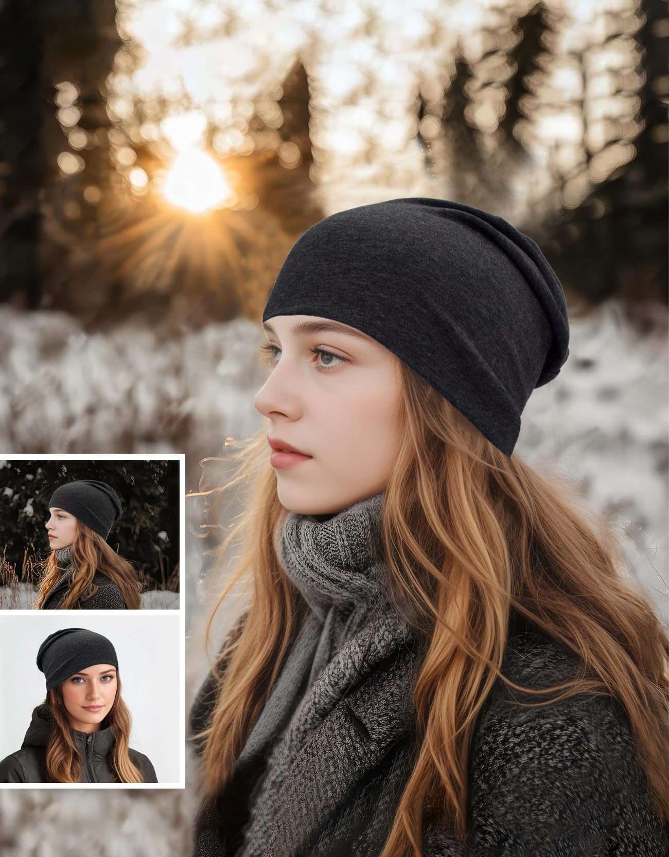 JHYWELL Cotton Beanie Hat Slouchy Jersey Soft Hats Skull Caps Lightweight Sleep Cap Summer Running Beanies Light Weight Chemo Hat for Men and Women (Black & Heather Grey)