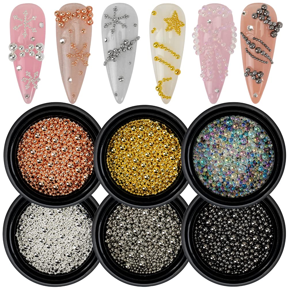 6 Boxes Nail Art Beads Nail Art Metal Balls Nail Beads For Nail Art Gold Silver Rose Gold Nail Art Steel Beads Nail Caviar Beads For Nail Art Nail Bubble Beads For DIY Crafts Decoration