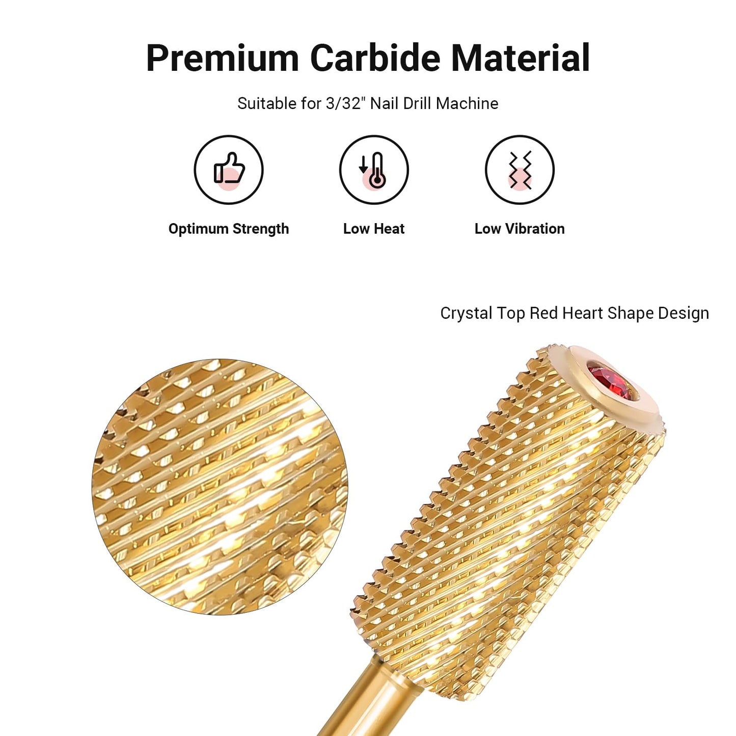 MelodySusie Crystal Top Red Heart Shape Nail Drill Bits, 3/32'' Large Barrel Carbide Bits, Suitable for Manicure Pedicure Cuticle Gel Polishing, Beginners Bits, Gold, Series Bit-S, Medium