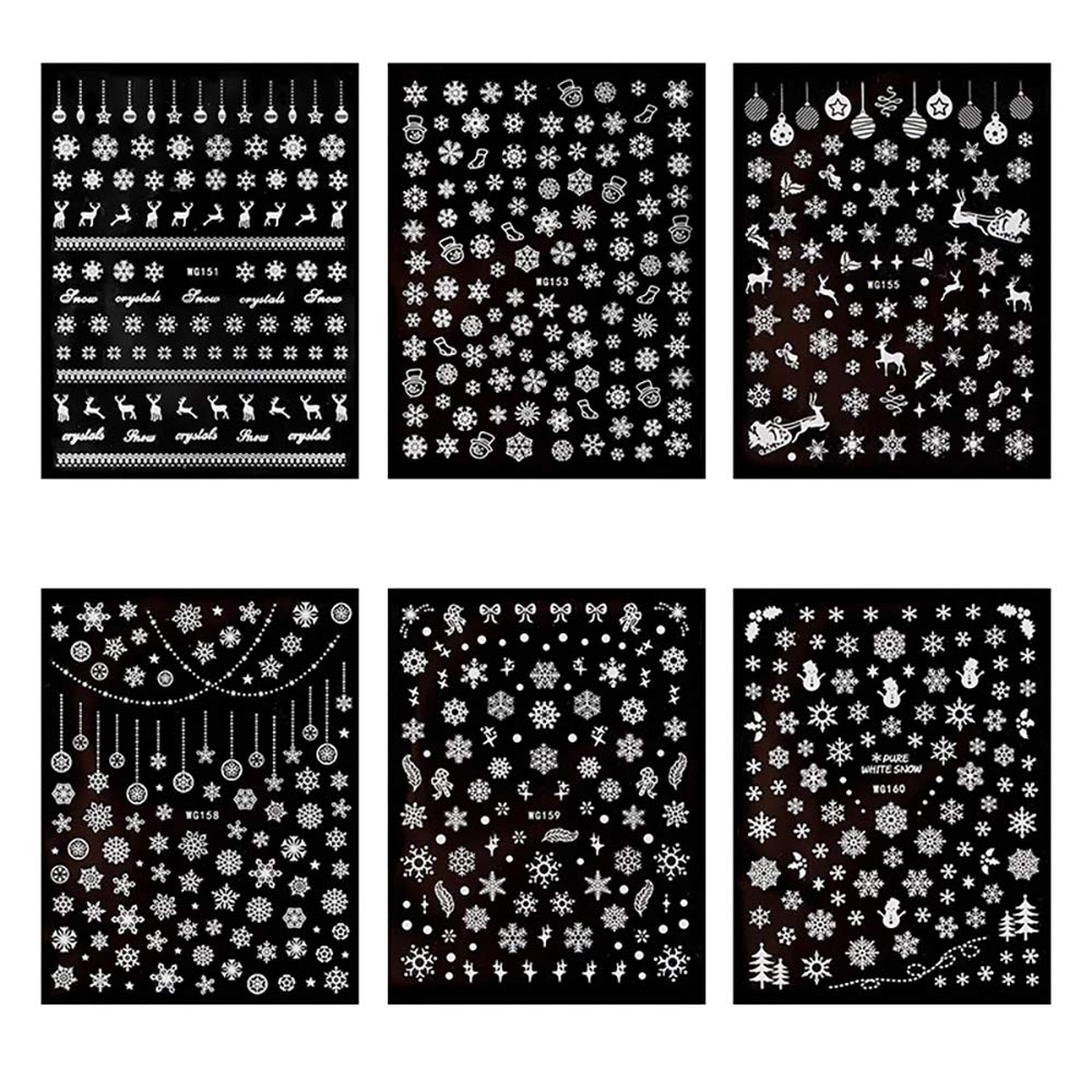 Christmas Nail Stickers - 3D White Self-Adhesive Snowflake Nail Art Decals Snowflakes Snowmen Santa Claus Elk Xmas Design Nail Stickers DIY Manicure Decorations for Women Girls Kids