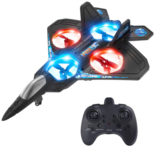 Foam RC Plane Drone for Kids, Remote Control Airplane Fighter Jet with LED Light, Auto Hover, 360°Flip, 2 Batteries (16 Mins Flight), Easy to Fly for Beginners