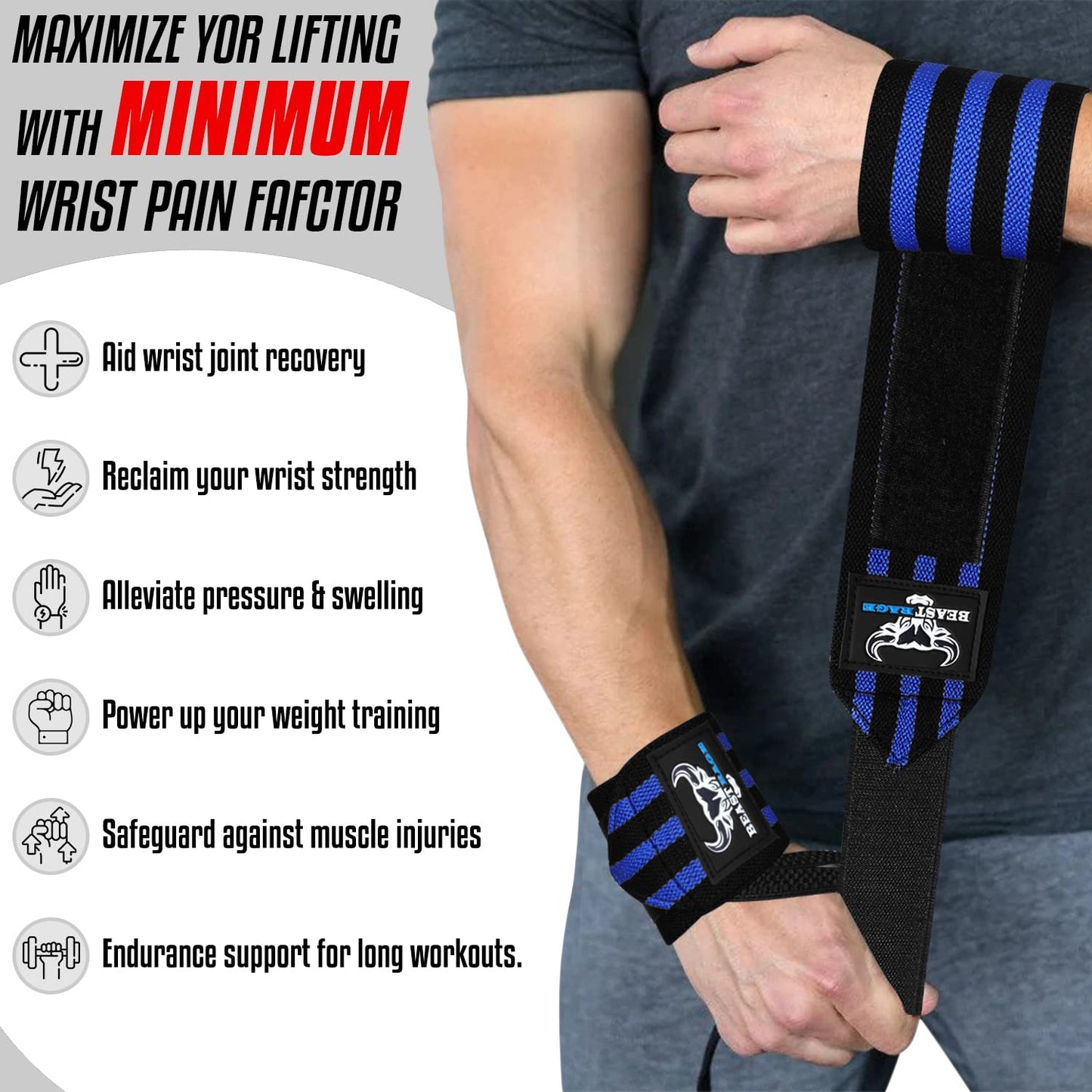 BEAST RAGE® Wrist Wraps for Weightlifting Adjustable Lifting Straps & Wrist Straps with Thumb Loop for Enhanced Gym Support, Wrist Support for Powerlifting, Bodybuilding and Gym workout (Black blue)