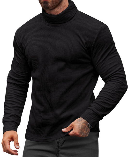 VOGSTART Men's Casual Shirts Knit Pullover 2024 Winter Long Sleeve Slim Fit Ribbed Sweater Black L