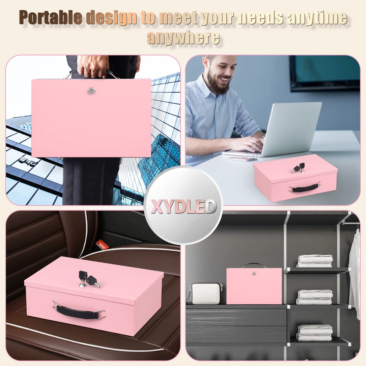 xydled Fire Resistant Safe Fire Safe Box with Key Lock for Home Office Security Storage for Valuables Documents,12.8 x 8.5 x 4.5 Inch,Pink