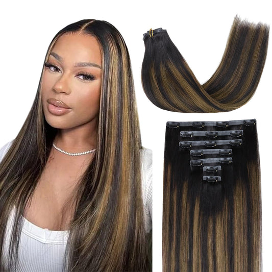 Lashey Clip in Hair Extensions Human Hair Light Yaki Seamless Clip in Hair Extensions Natural Black Mixed Chestnut Brown 16 Inch 7pcs 110g Clip in Hair Extensions Human Hair for Black Women