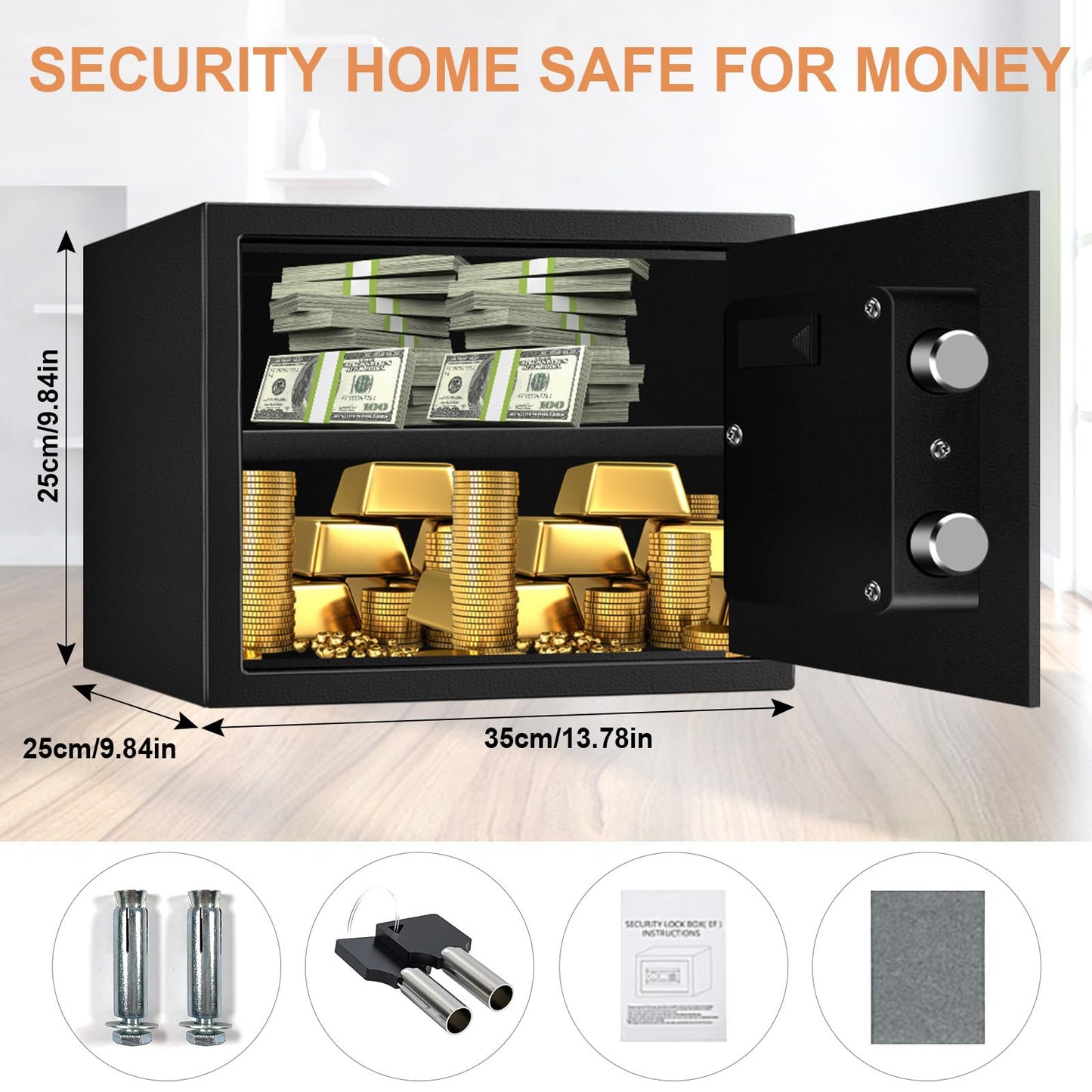 1.2 Cuft Safe Box Fireproof Waterproof for Home, Fire proof Safes with Digital Keypad, Spare Keys and Removable Shelf, Security Fire Safe for Money Firearms Medicine Valuables