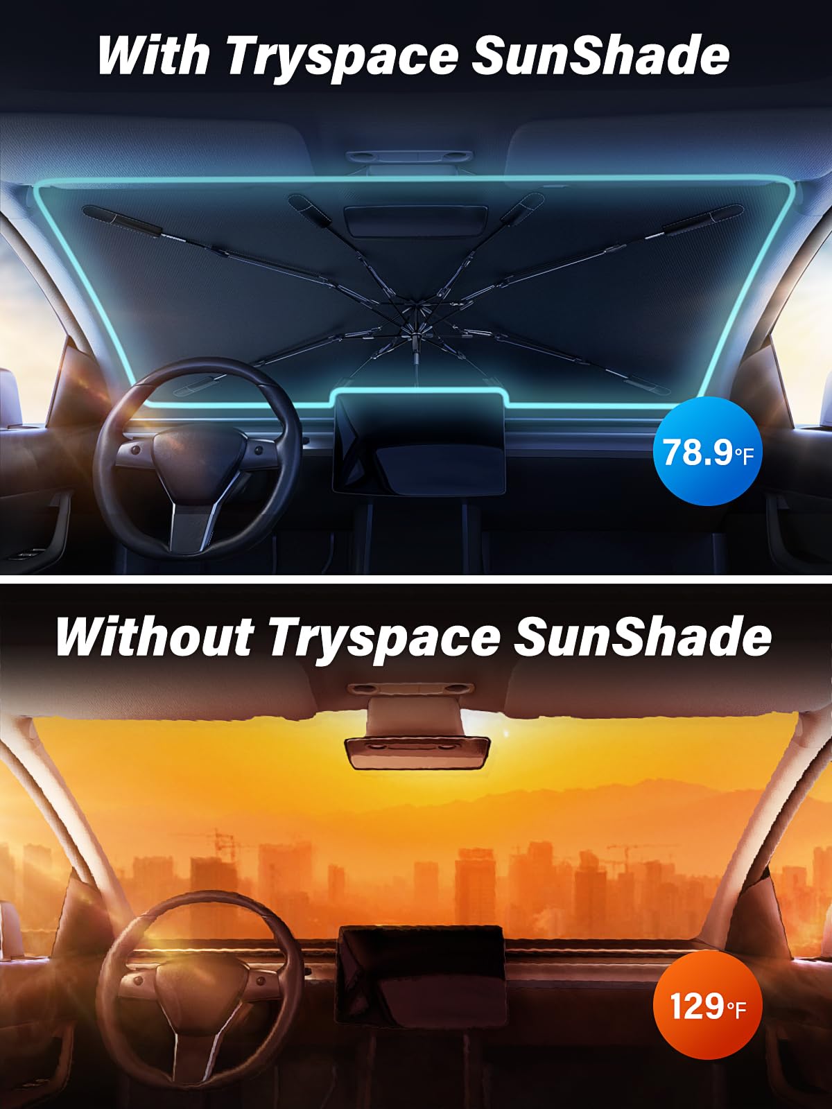 [2025 Upgrade] TrySpace Car Windshield Sun Shade Umbrella - [Silver Heat Shield & UV Reflective] Protector for Cars, Universal Fit Medium (56"x31") | 25°F Cooler, Friendly Vinyl Coatings Medium