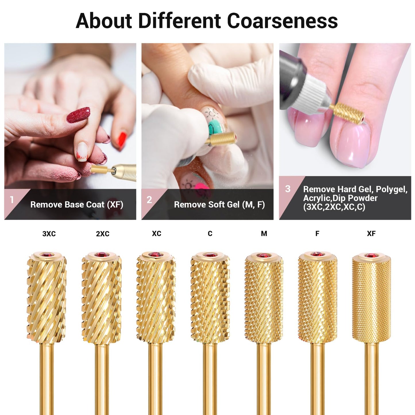 MelodySusie Crystal Top Red Heart Shape Nail Drill Bits, 3/32'' Large Barrel Carbide Bits, Suitable for Manicure Pedicure Cuticle Gel Polishing, Beginners Bits, Gold, Series Bit-S, Medium