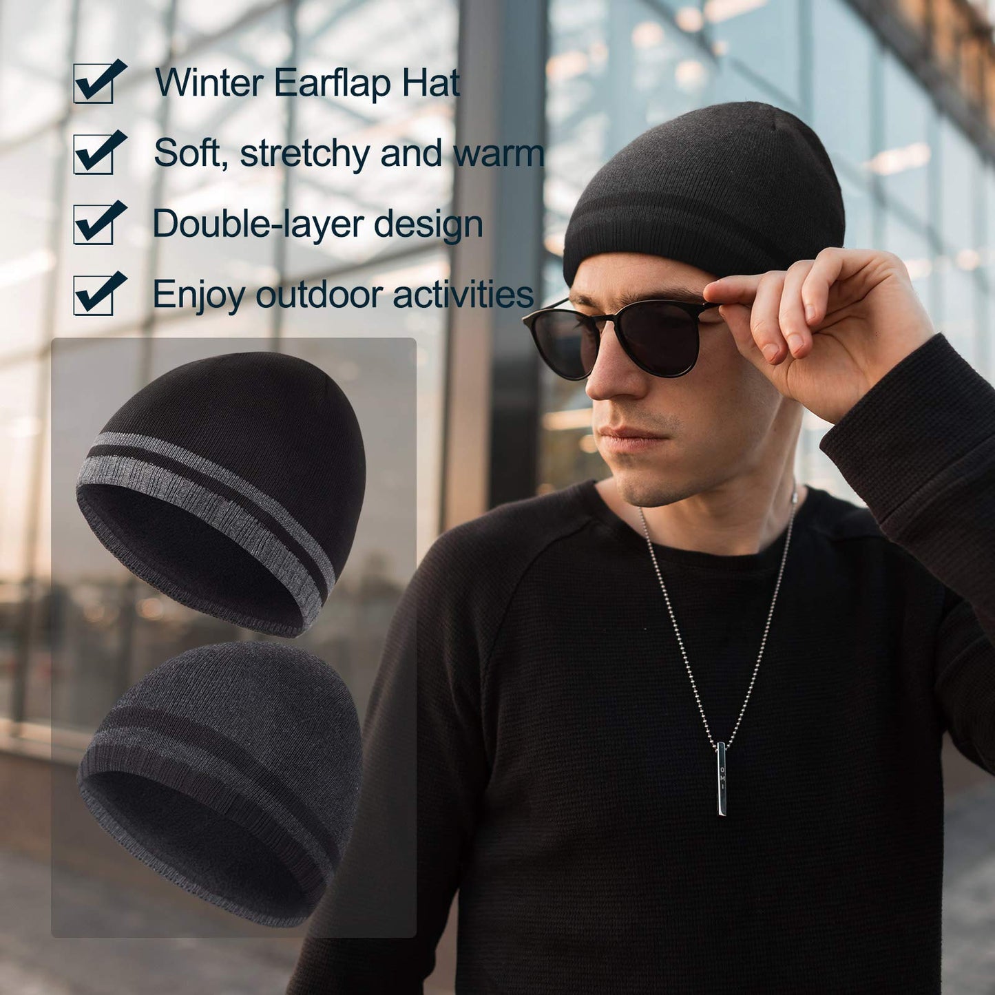 2 Pieces Winter Beanie Hat Men Knit Skull Cap Warm Knitted Watch Beanie Cap Ski Skull Cap Fleece Lined Beanie (Chic Style) (Classic Style) Black, Grey