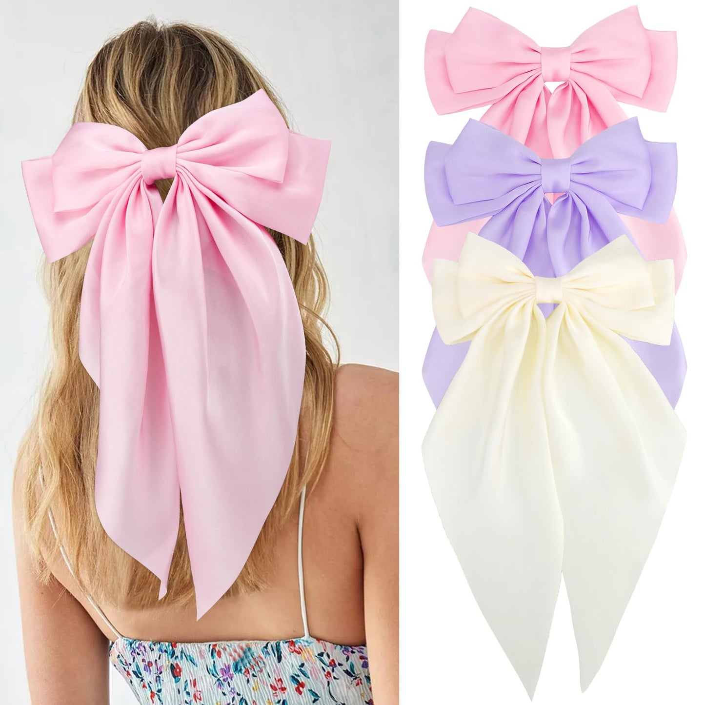 Velscrun Hair Bows for Women Girls 3Pcs White Pink Purple Silky Satin Large Bows Hair Clip Oversized Hair Ribbons Long Tail Big Bows Hair Accessories