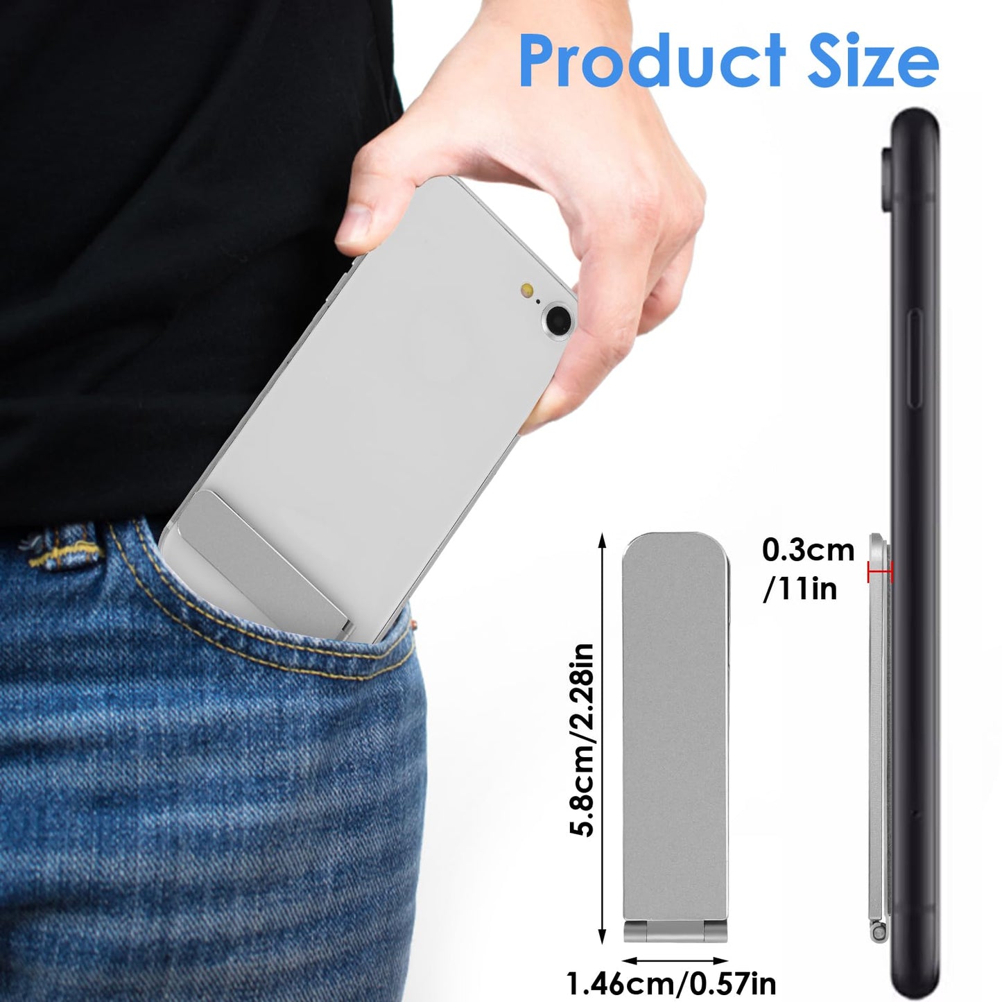 BOHUIZ Ultra-Thin Cell Phone Kickstand, Portable Foldable Vertical and Horizontal Alloy Phone Holder Stand Adjustable Angle Mini Phones Stand for Mobile Phones Tablet Universal Model (Silver)