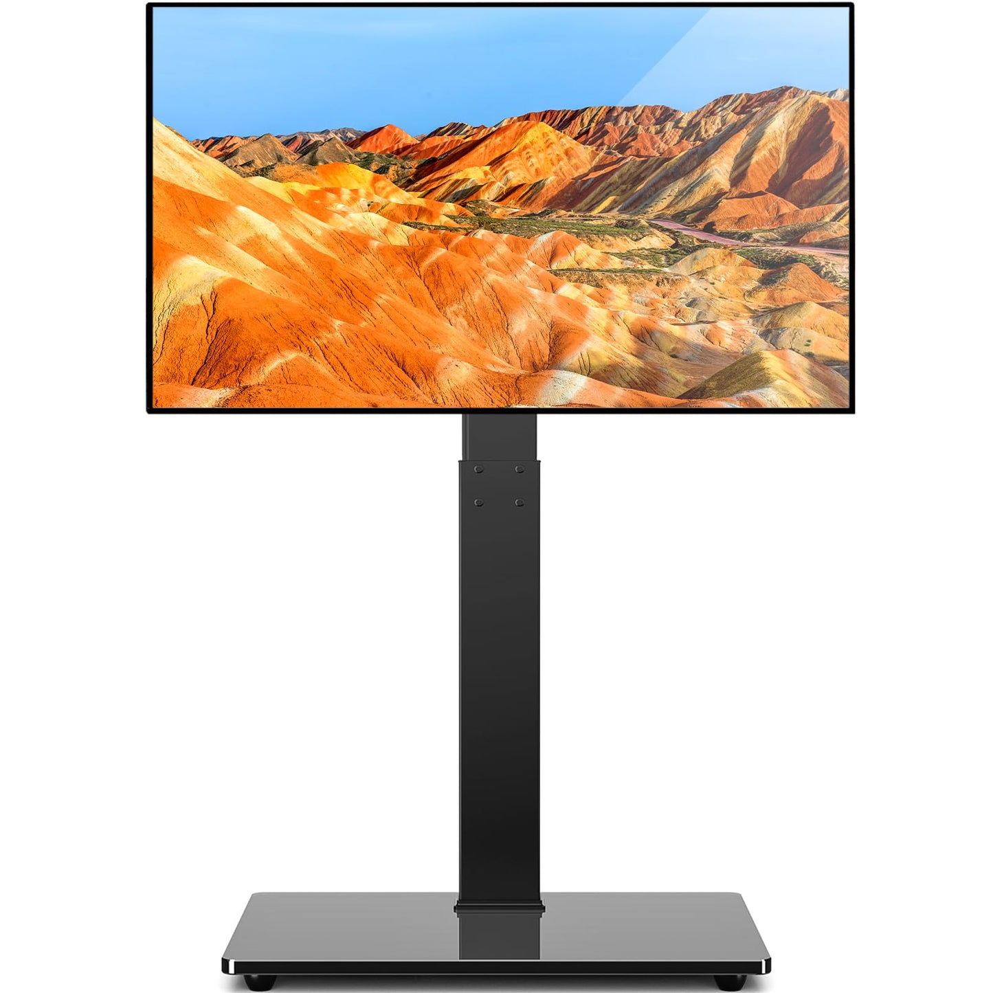 TAVR Universal Floor TV Stand Base for 32-75 Inch TVs up to 110 Lbs with Swivel Height Adjustable Mount, Black Tempered Glass Base for Media Storage and Space Saving