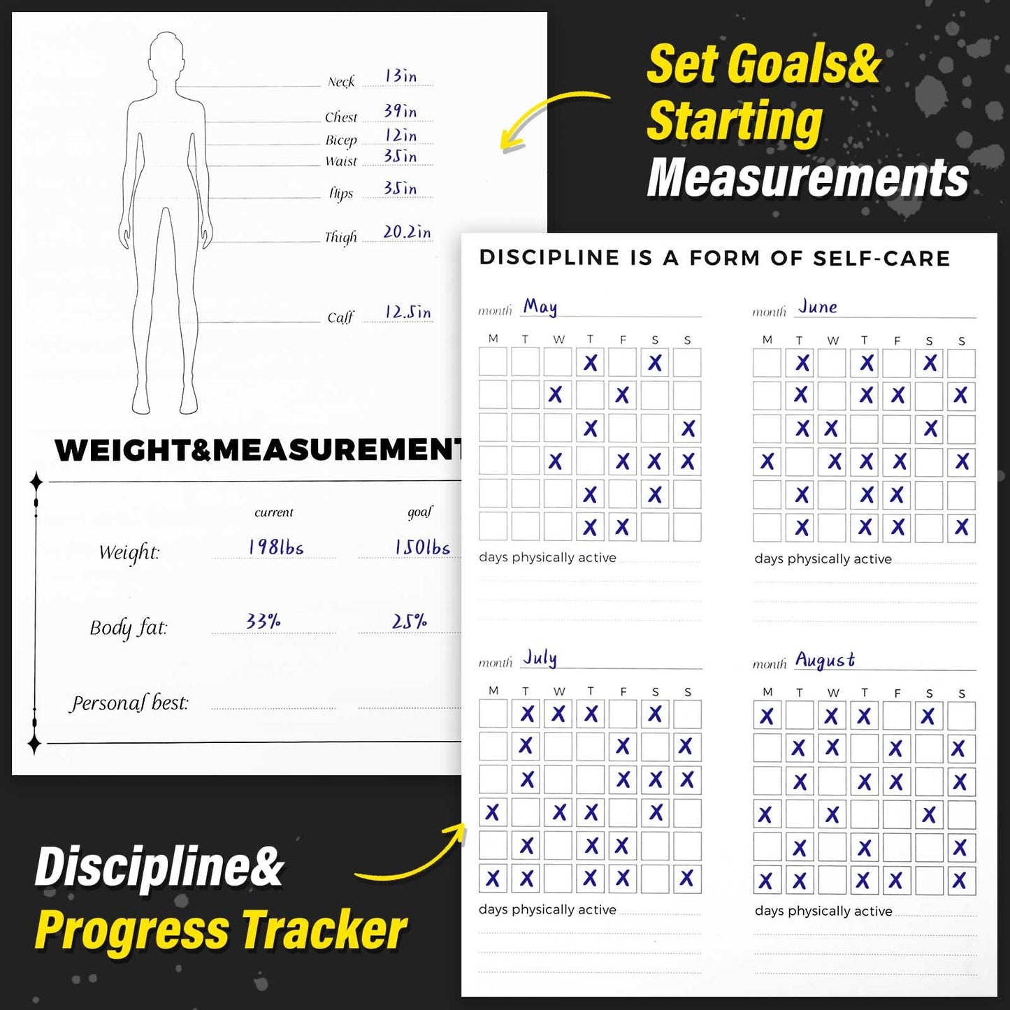 Fitness Journal for Women and Men, 8.8" x 6.6", Workout Log Sprial Book Planner for Tracking Progress and Achieving Your Wellness Goals, Black