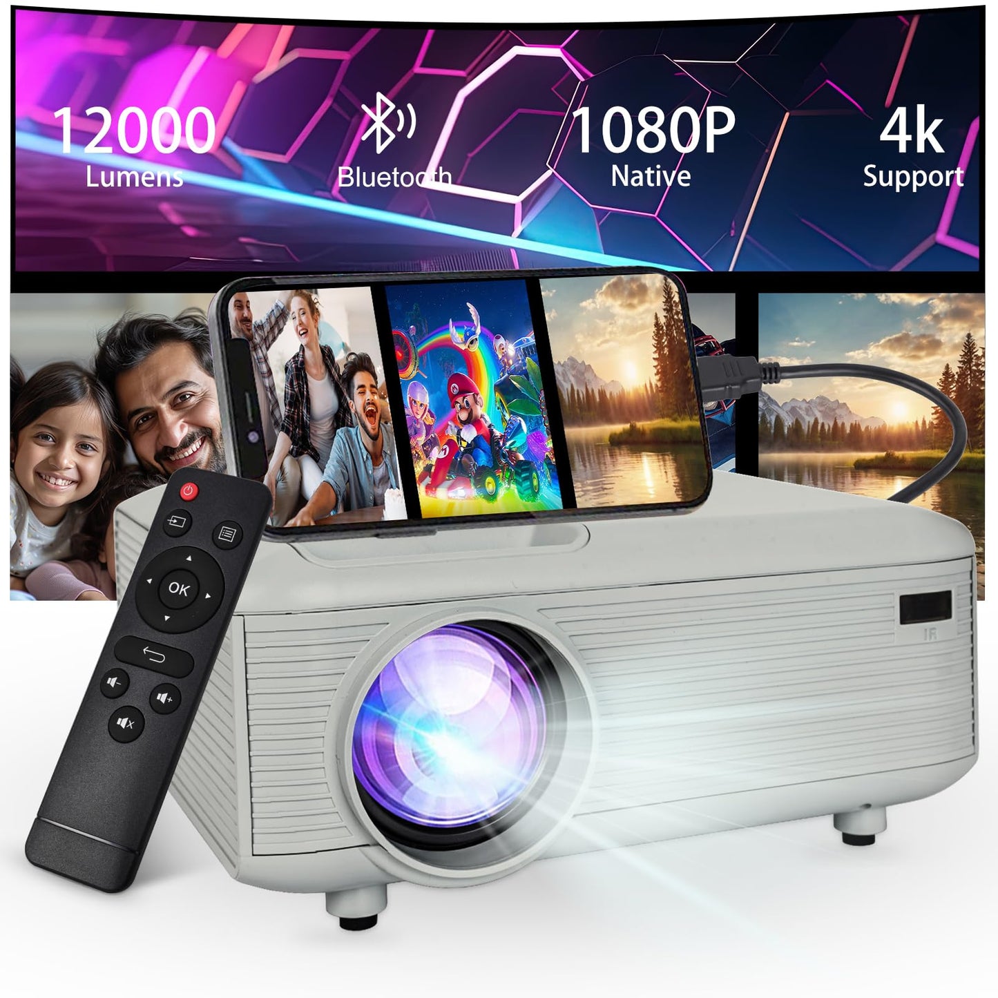 Mini Bluetooth Projector(Phone HDMI Cable Included), Portable Outdoor Projector, Native 1080P Projector, Compatible 4K, Supports Android/iPhone/TV Stick/Laptop/PS5/HDMI/USB, Indoor and outdoor use