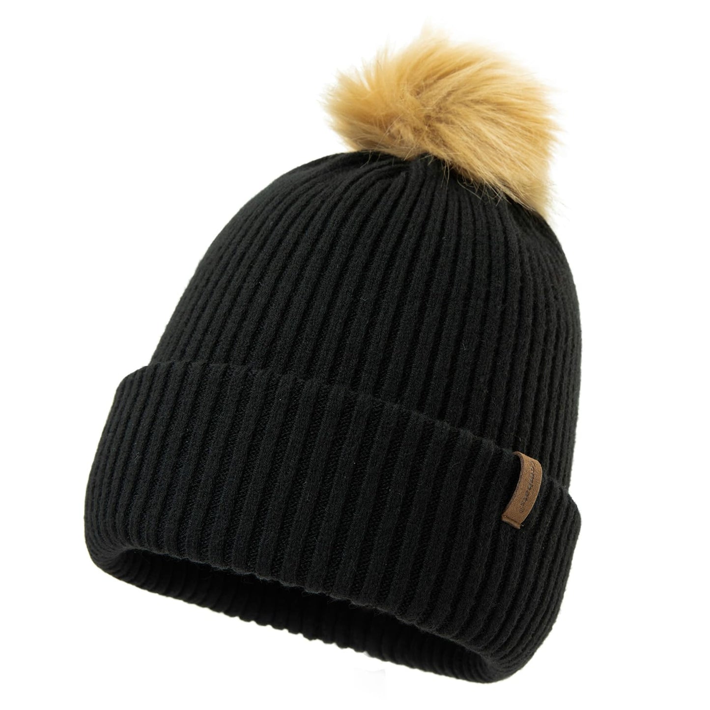 TOP-EX M/L/XL Women Winter Beanie Pom Hat Warmer Wool Cashmere Knitted Cap Double Layer Hat Cold Weather Snow Hat with Faux Fur Pompom Black