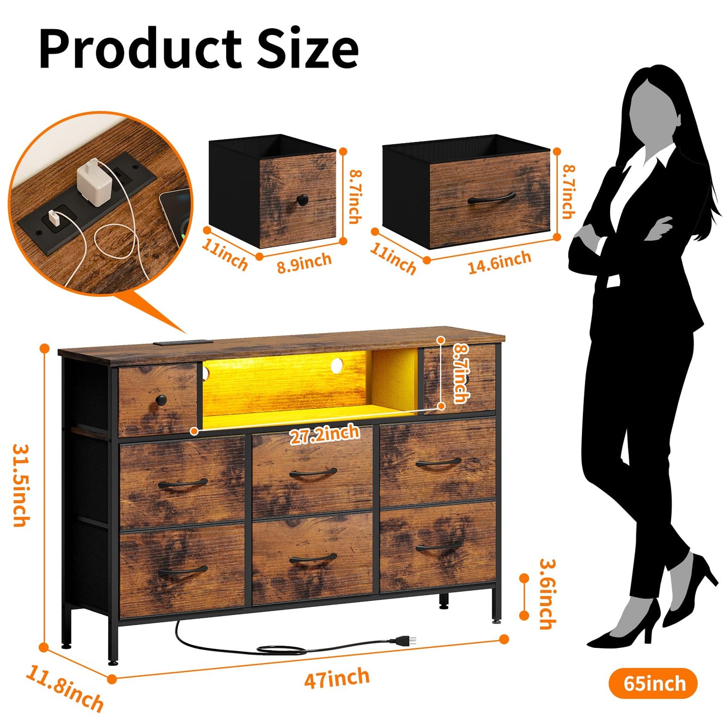 Fixwal TV Stand Dresser for Bedroom with Storage and LED Lights, Rustic Brown 55" TV Stand with 8 Drawers, Fabric Chest of Drawers with Wood Grain Finish for Entryway