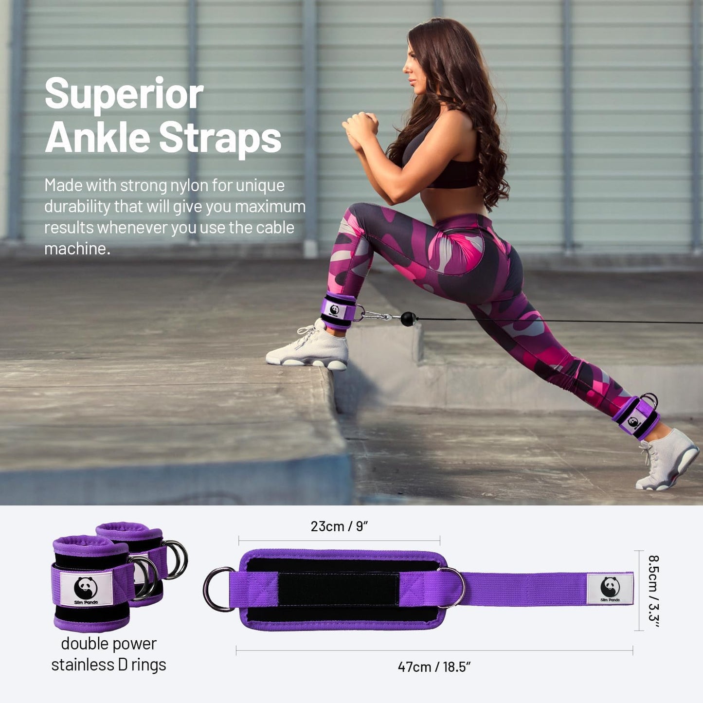 Slim Panda Ankle Strap for Cable Machine,Ankle Cuff for Kickbacks, Booty Hip Abductors,Glute Workouts, Leg Extensions, Curls for Men and Women, Adjustable with Double D-Rings (Pair, Purple)