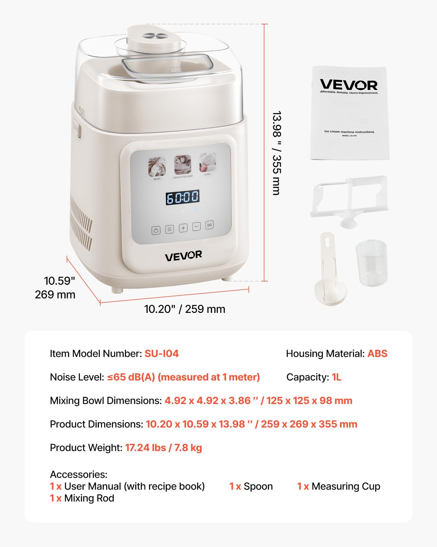 VEVOR Upright Automatic Ice Cream Maker with Built-in Compressor, 1 Quart No Pre-freezing Gelato Maker & Frozen Yogurt Machine, 4 Modes Electric Sorbet-Maker, Compressor Ice Cream Machine for Home