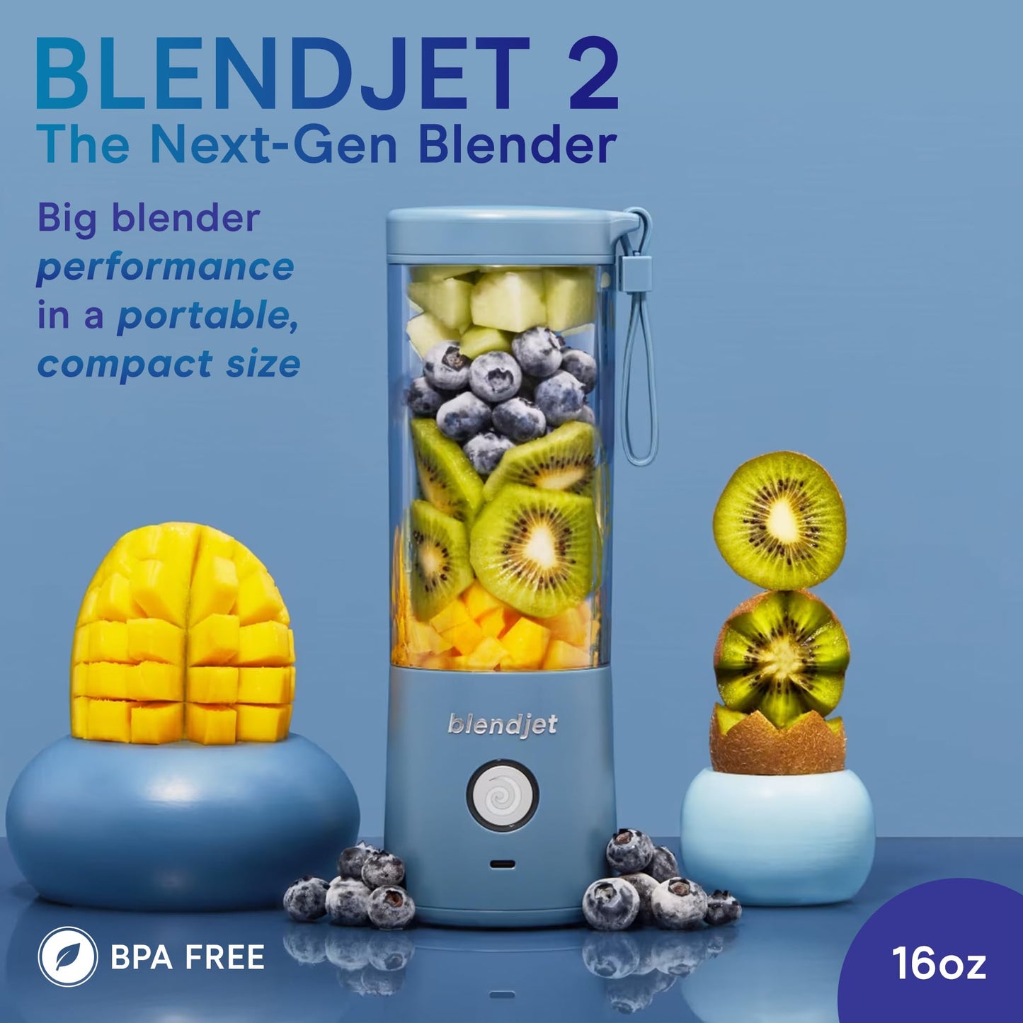 BlendJet Portable Blender for Smoothies & Shakes - 16oz BlendJet 2 Cordless Personal & Small Blender, USB-C Rechargeable & Self Cleaning - Quiet Mini Travel Blender with Stainless Steel Blade (Cloud)…