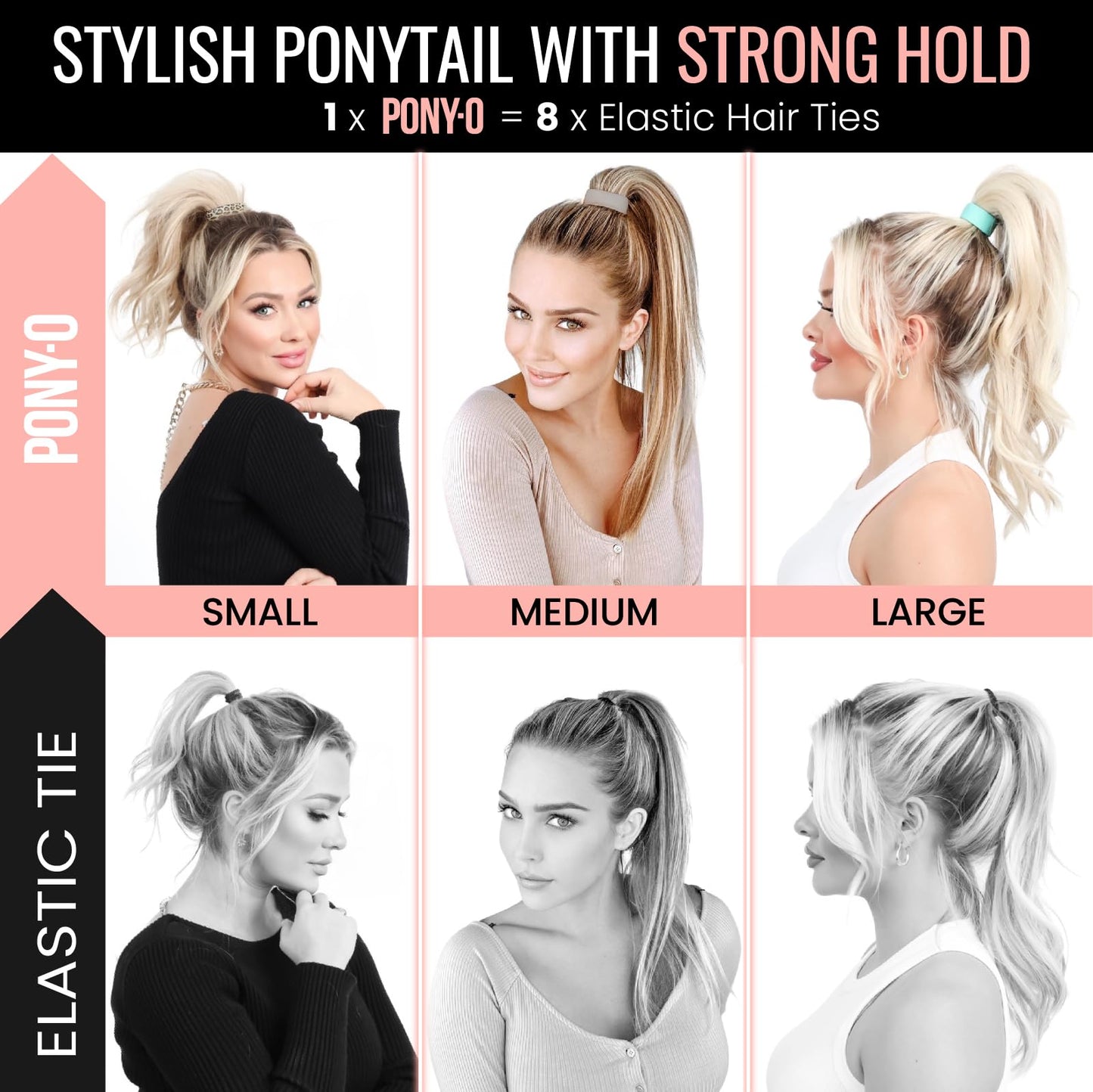PONY-O- Fine, Medium or Slightly Thick Hair - Original No Damage Volumizing Ponytail Hair Ties - Patented Bendable Design - Stylish Hair Accessories for Women - 2 Pack Black & Dark Blond - Medium