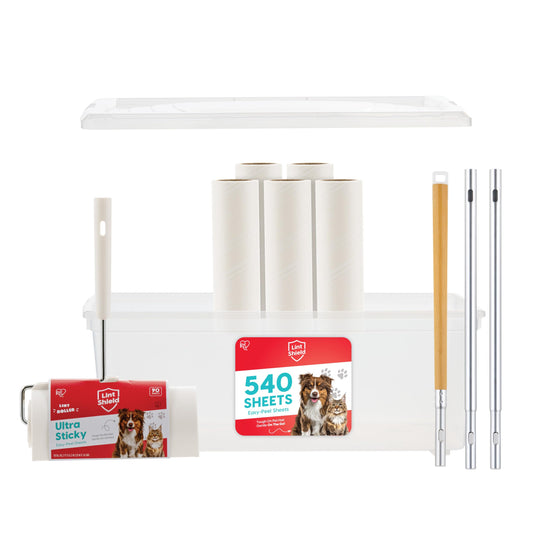 IRIS USA Extra Sticky Lint Roller, Large with Adjustable Extension, Storage Box, Refills, 90 Sheets/Roll, 540 Sheets Total, Easy Tear Lint Remover for Dog Cat Pet Hair On Bed Floor Sofa