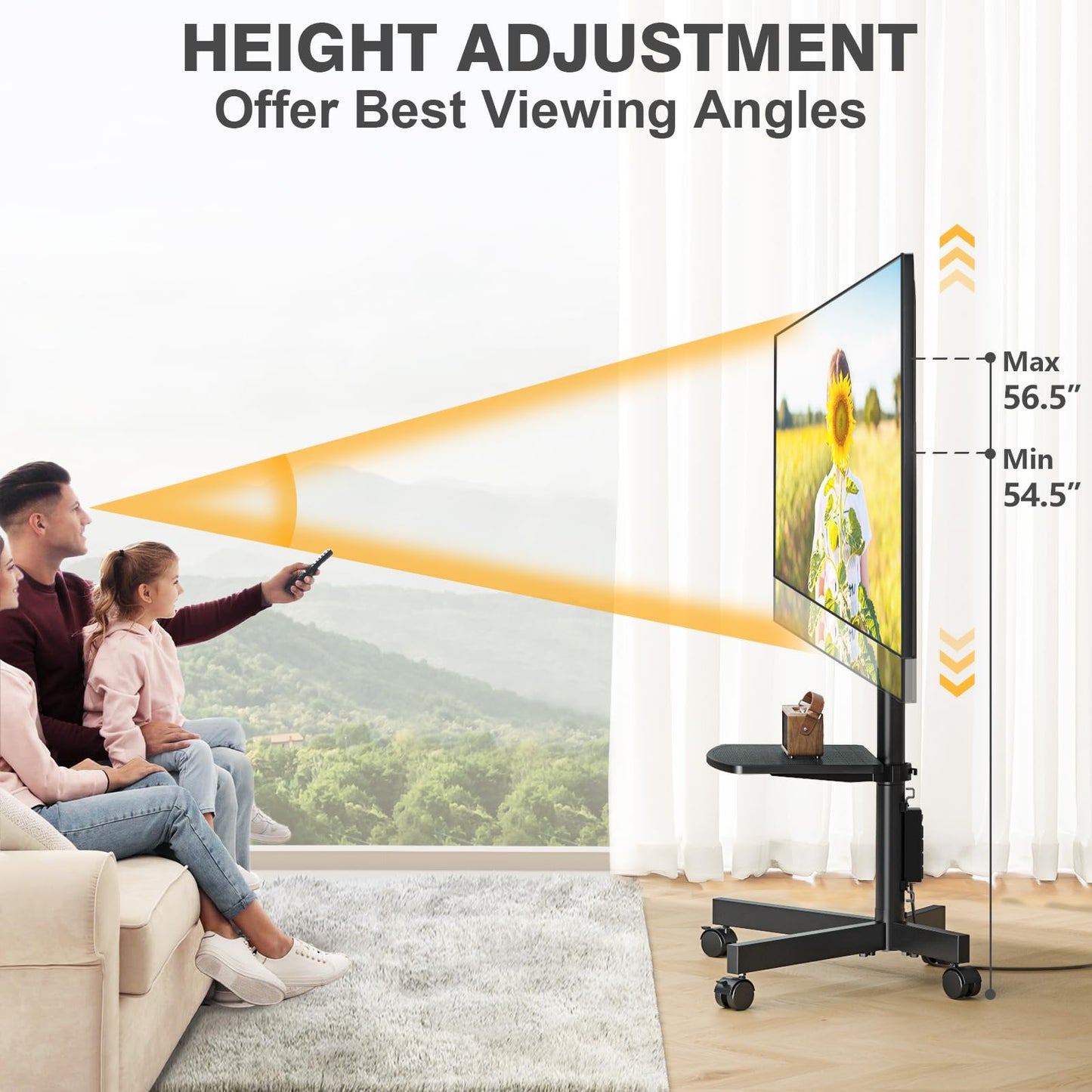 TVON Mobile TV Stand with Power Outlet, Tilt Rolling TV Cart for 23-60 Inch LCD LED OLED Flat Curved Screen TVs up to 88 lbs, Height Adjustment Portable TV Stand on Wheels, Max VESA 400x400mm