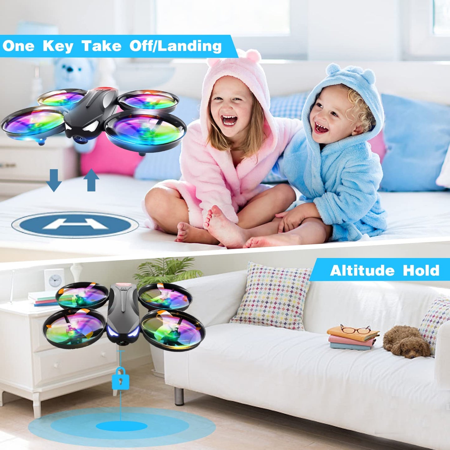 4DRC V16 Drone with Camera for Kids,1080P FPV Camera Mini RC Quadcopter Beginners Toy with 7 Colors LED Lights,3D Flips,Gesture Selfie,Headless Mode,Altitude Hold,Boys Girls Birthday Gifts,