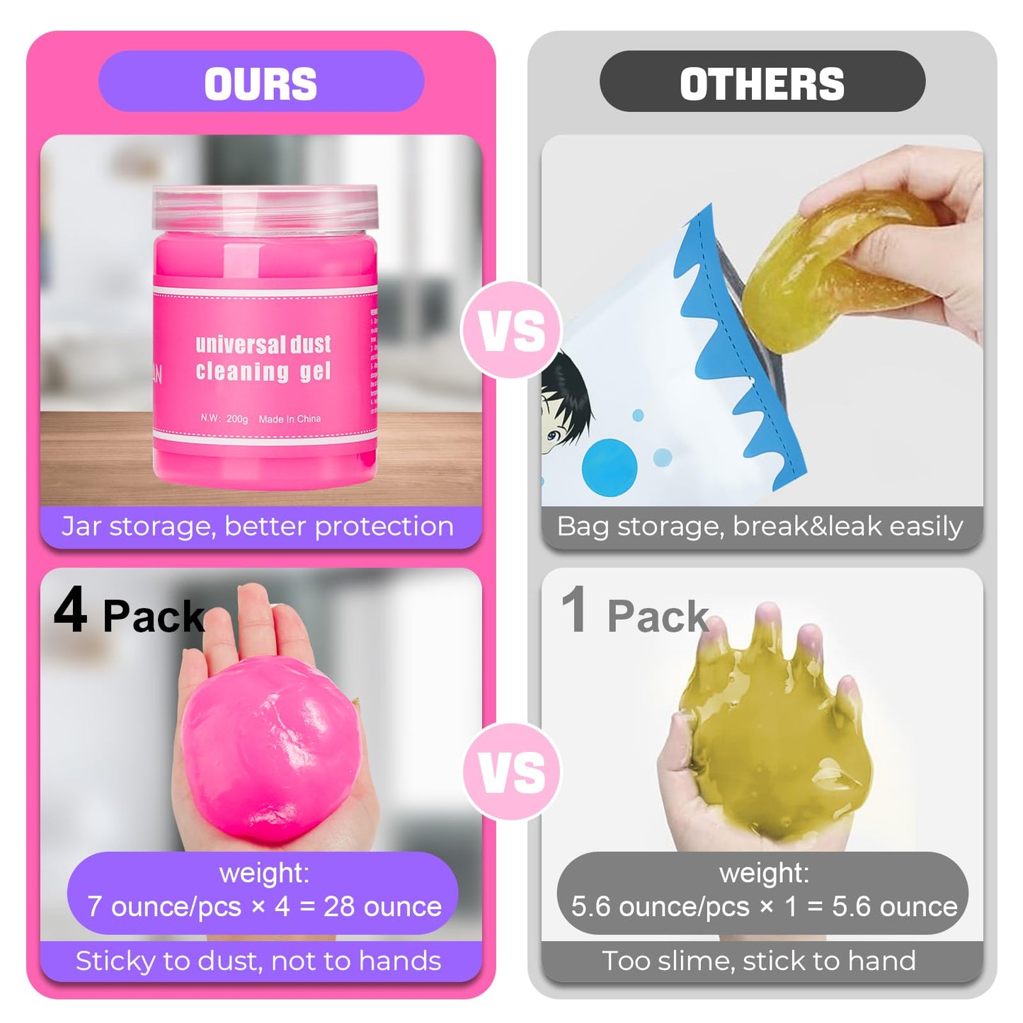 vioview 4 Pack Car Cleaning Gel, Pink Car Cleaning Putty, Universal Auto Detailing Tools Car Slime for Air Vent, Dashboard and Keyboard, Auto Accessories for Women