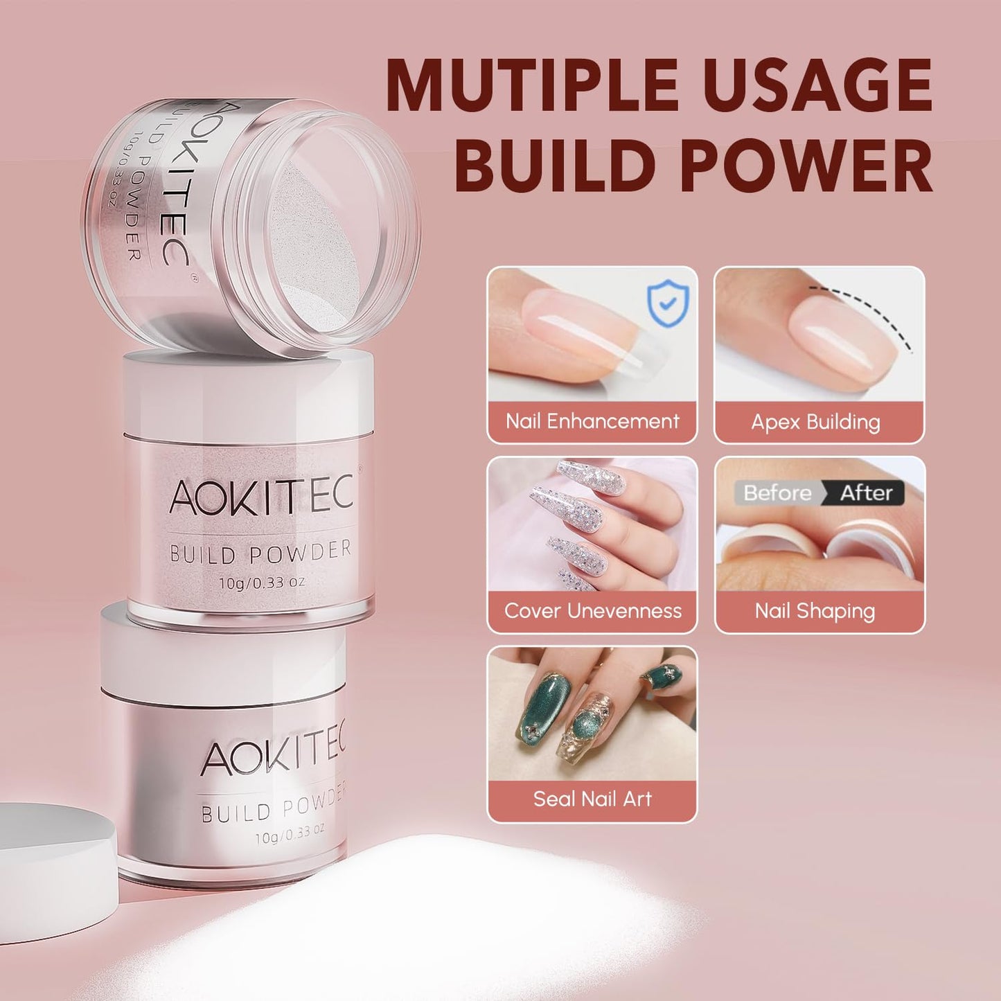 Aokitec Dip Powder Nail Kit Starter with Dip Build Powder, White Nude Pink Brown Giltter 8＋1 Colors Dipping Powder Liquid Set with Base/top Gel Activator for Nail Manicure Salon Gift