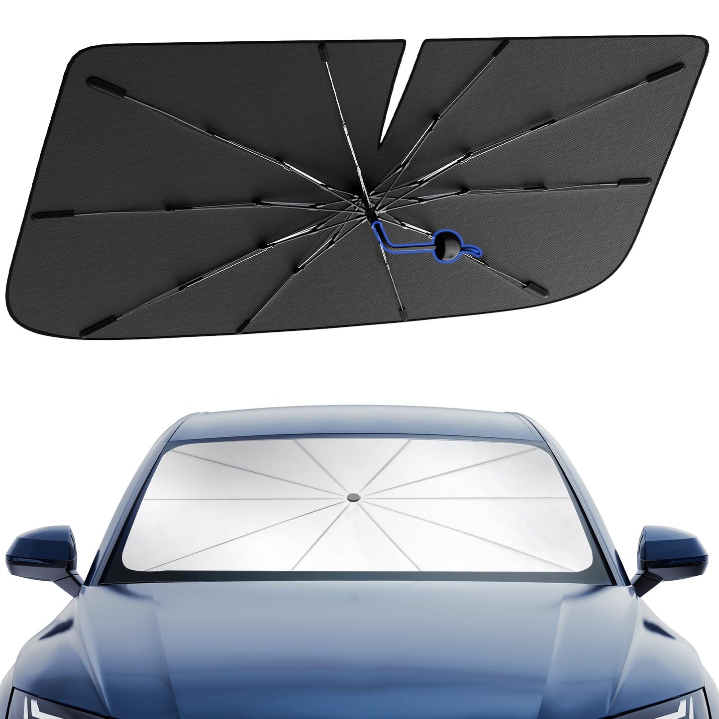 PEMOTech Car Windshield Sunshade Umbrella 10-Layer Nano UV Blocker [Heat Damage Keep Cool] & [Anti-Puncture System] Auto-Folding car Shades for Front Windows Umbrella for Sedan/SUV(61"x32"/155x81cm)
