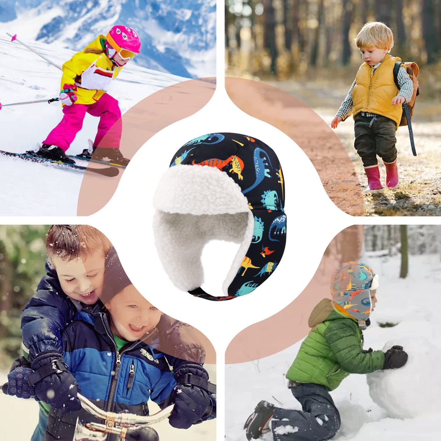 Winter Trapper Hat for Boys Girls Waterproof Warm Baby Toddler Ushanka Fleece Beanie Hats for 6M-6T (Orange Grey Dinosaur, 4-6T)