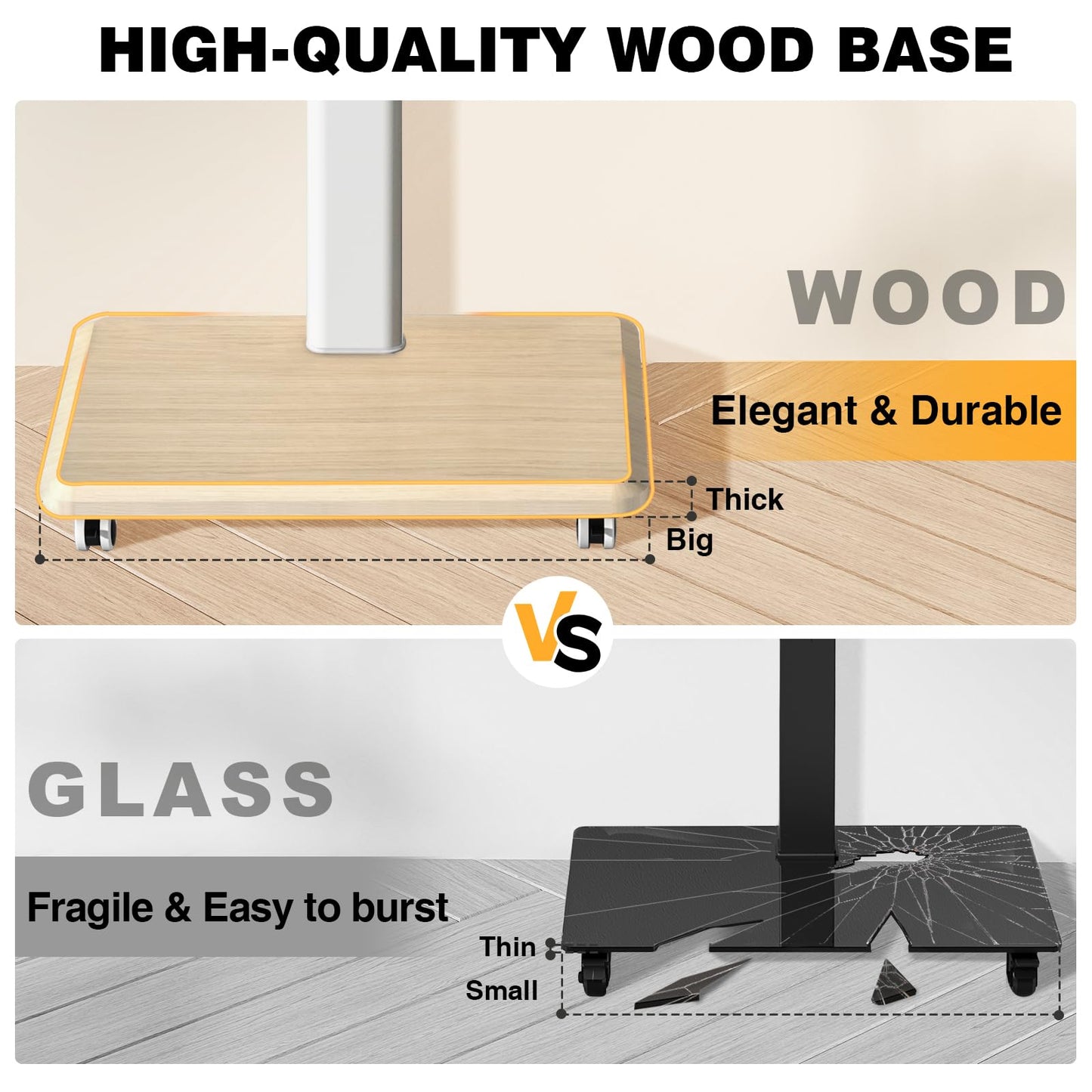 TVON Rolling TV Stand for 32 to 65 70 Inch TVs, Elegant Floor TV Stand with Wheels, Mobile TV Cart with 9 Levels of Height Adjustment for Optimal Viewing, White Floor Stand for Living Room