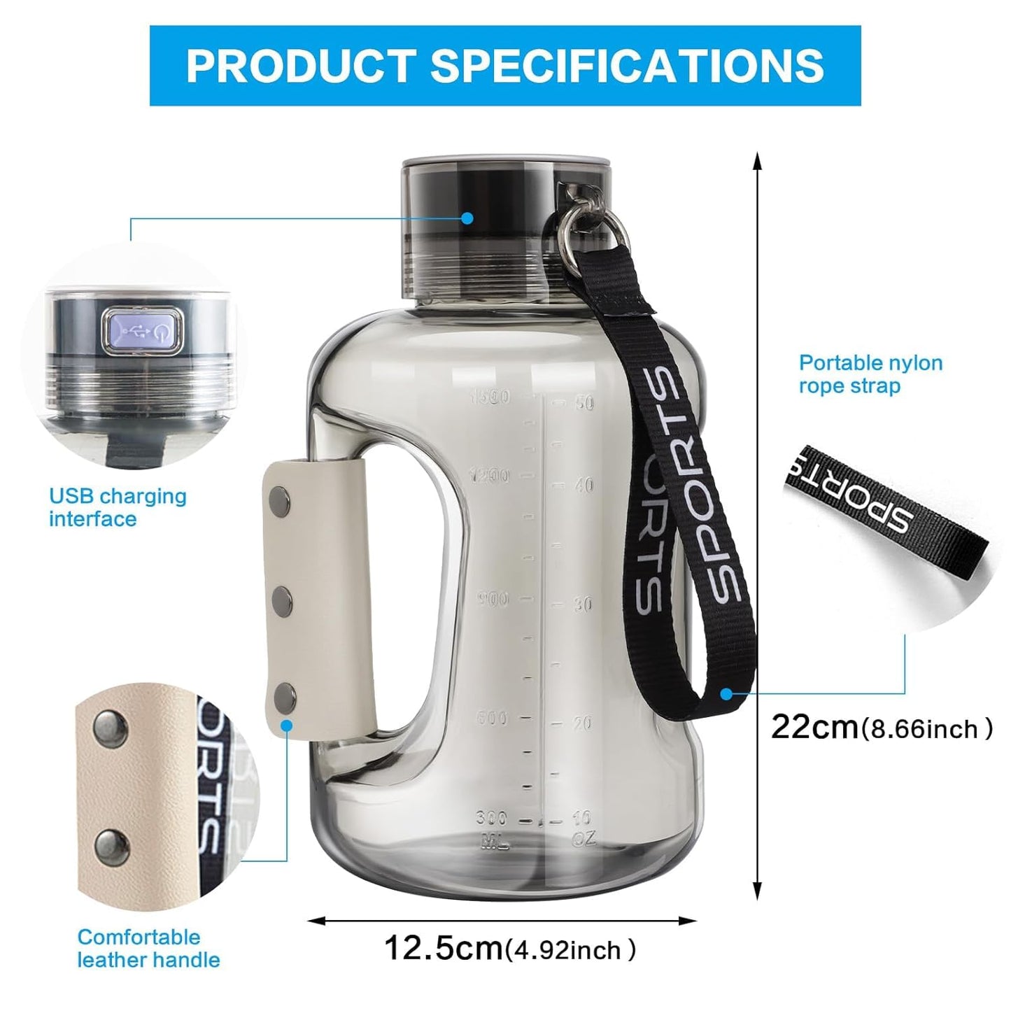 PRIDKEN Hydrogen Water Bottle Generator 1.5L High-Capacity, USB Portable Hydrogen Water Machine, Hydrogen Water Ionizer Cup, Sports Water Bottle with SPE/PEM Technology (Grey)
