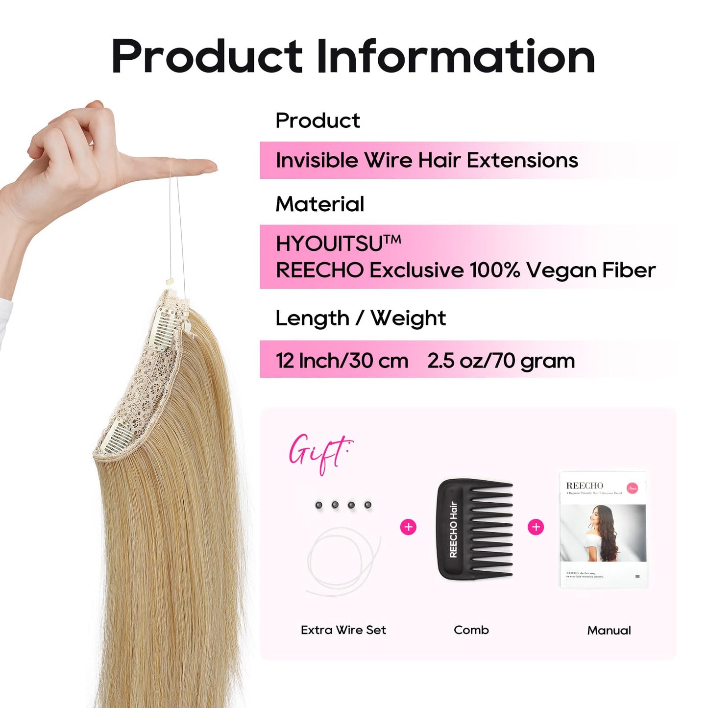 REECHO Invisible Wire Hair Extensions with Thinner Softer Lace Weft 12" Short Straight Clips in Secret Hairpiece for Women 12 Inch (Pack of 1) - Golden Blonde
