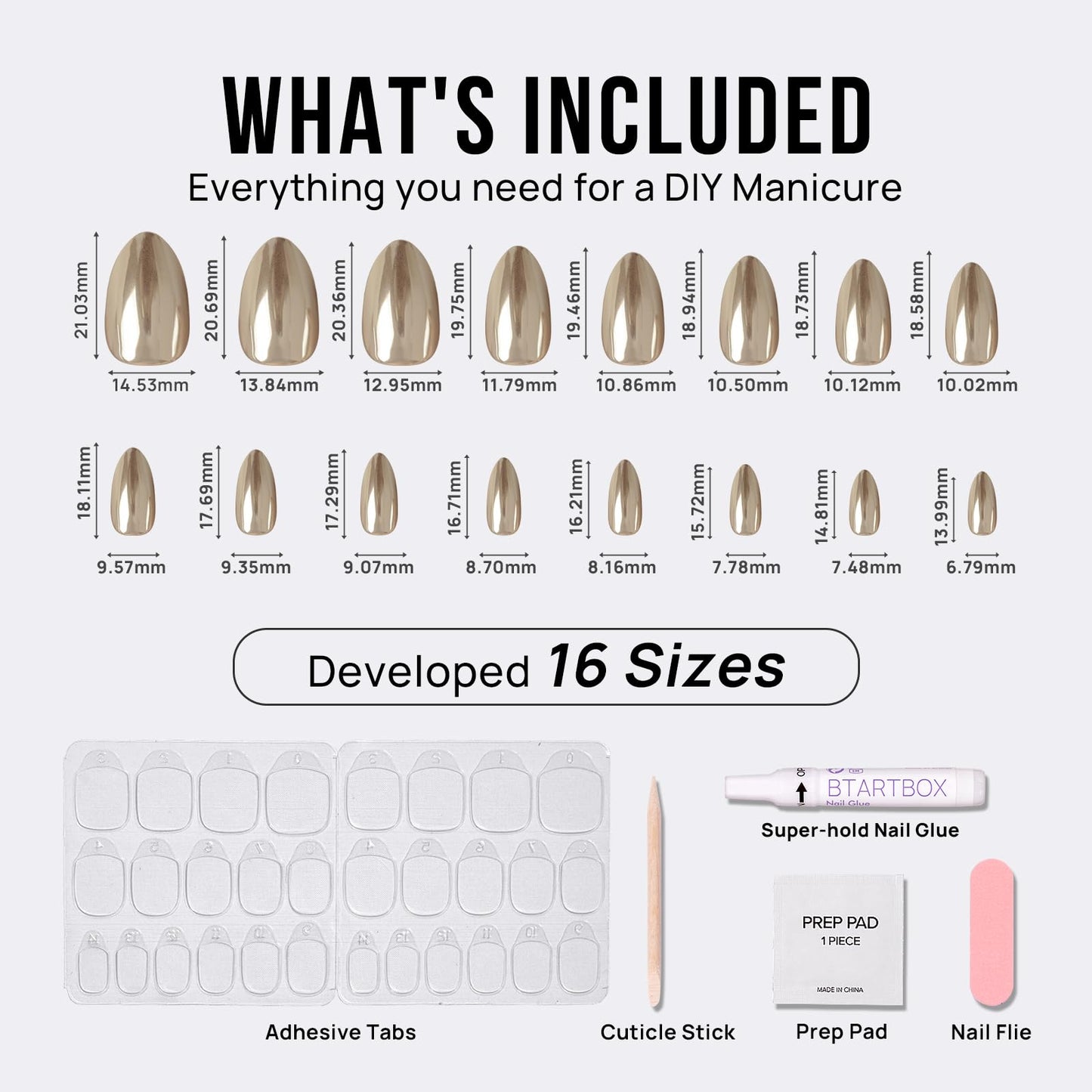 BTArtbox Press On Nails Short - Mirror Shine Silver Press On Nails Almond, Chrome Glazed Glue On Nails for Gifts, Reusable Stick On Nails in 16 Sizes, Holo Pearl