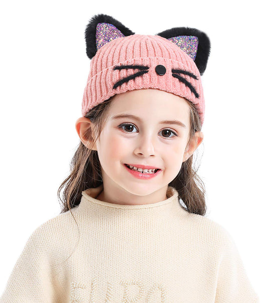 Bellady Kid Girl Hat Cute Cat Ear Beanie Cap Warm for Fall Winter,Child_Pink