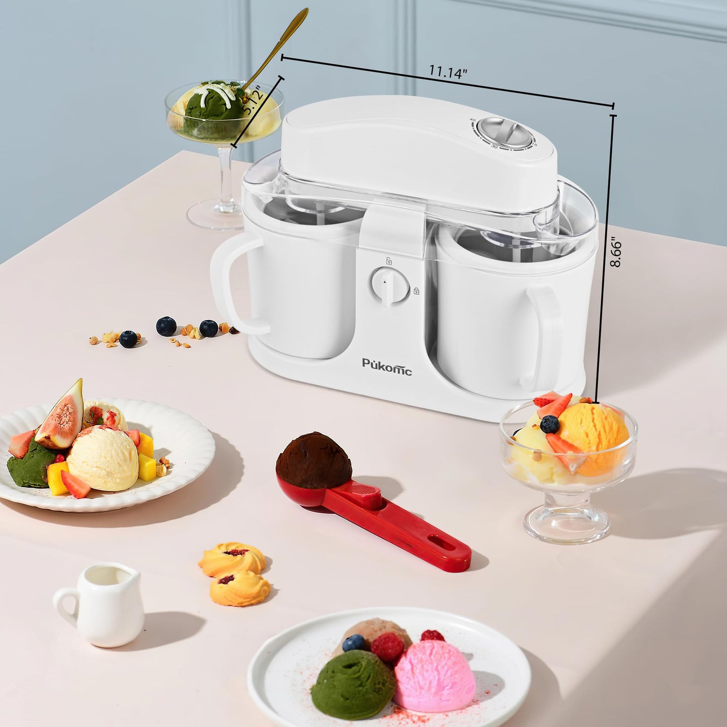 Pukomc Ice Cream Maker Machine for Home Use, with Two Ice Cream Bowls,Simple Operation and Easy to Clean,White