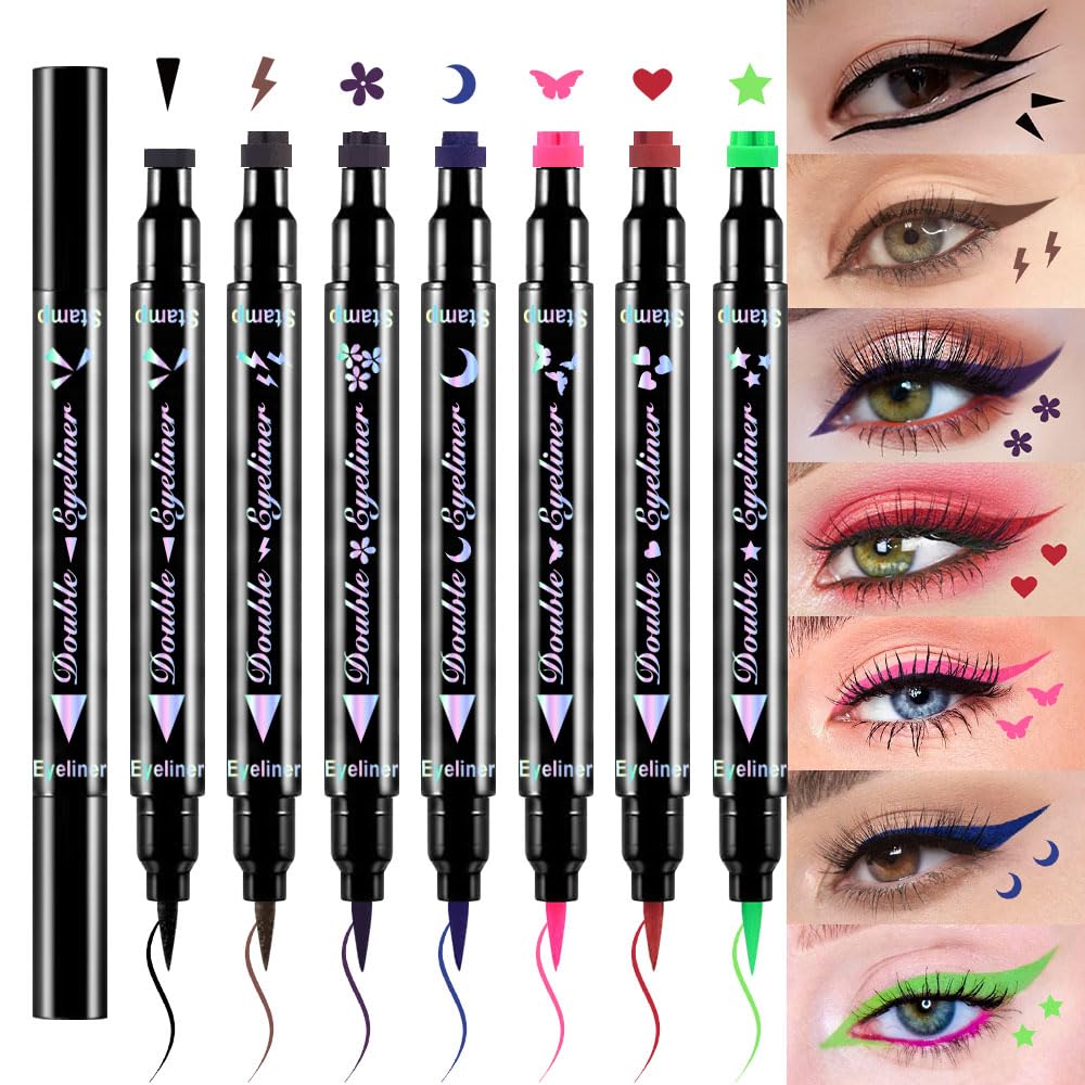 evpct 7Pcs Colored liquid Eye Liners Face Stamp Cosplay Gothic Makeup Set Kit for Beginners, Black Brown Purple Blue Red Pink Green Star Flowers Heart Moon Triangle Lightning Butterfly Stamps Eyeliner