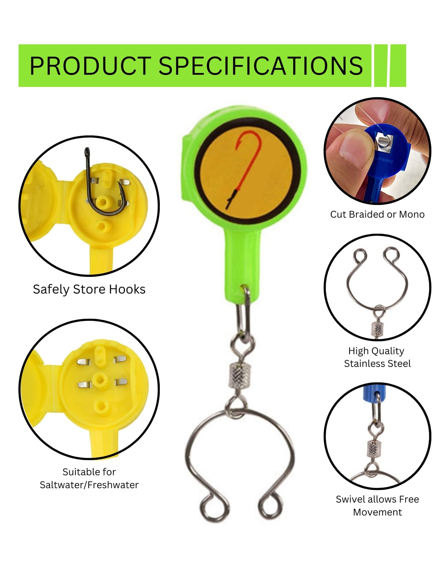 Mercury USA 8pcs Fishing Knot Tying Tool Gadget | Fishing Line Cutter | Multifunctional Safety Fishing Tool | Easy Hook Storing Device | Handy Tool for Fisherman | Ice Fly Fishing (Green)