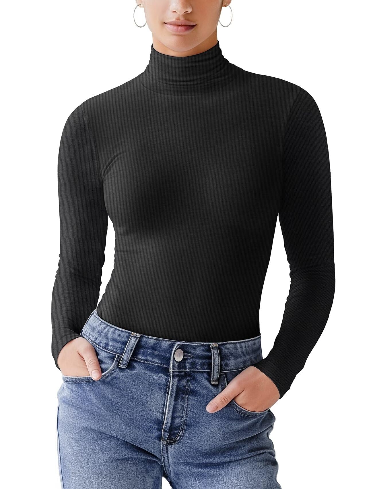 Womens Turtleneck Tops Ribbed(Black,XS)