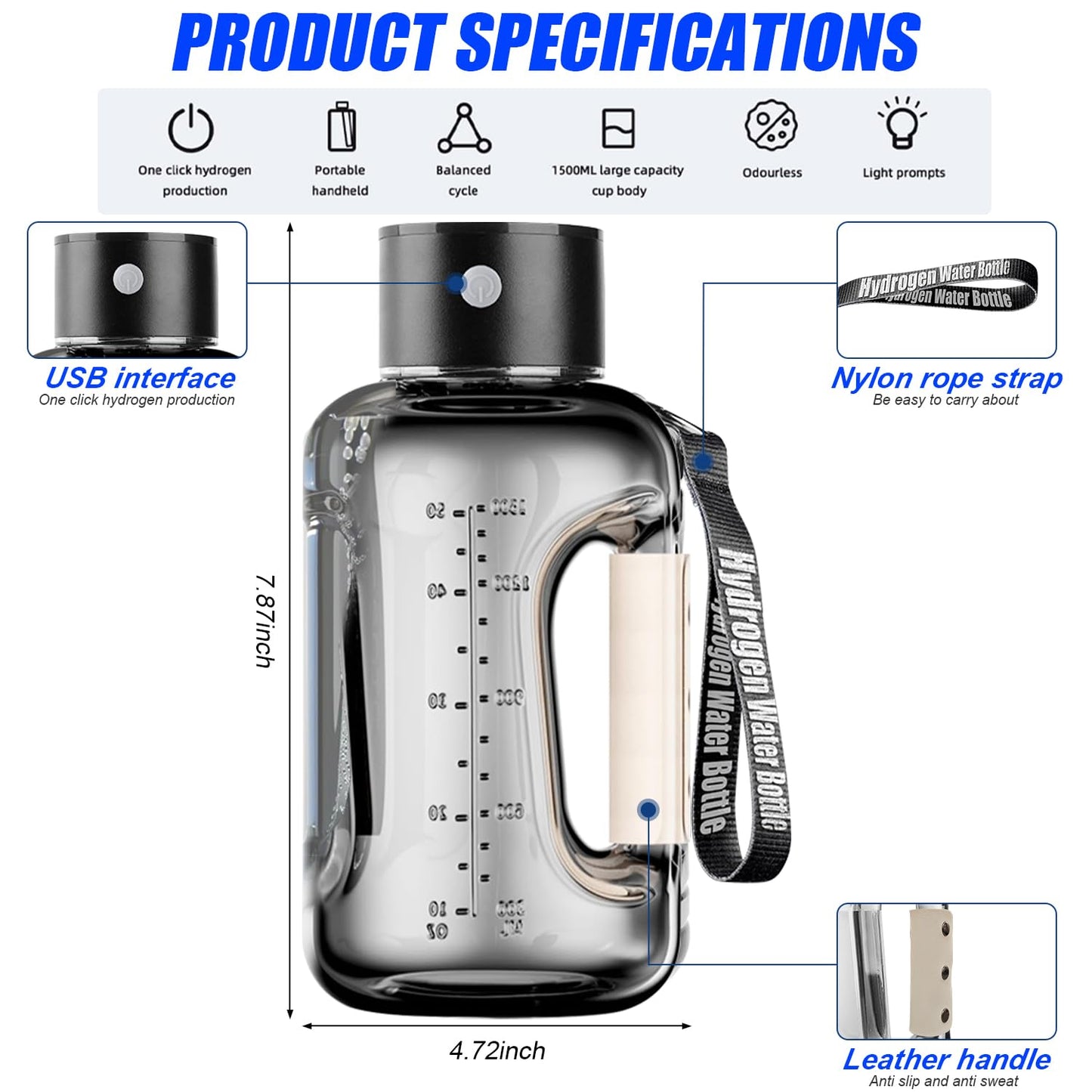 Hydrogen Water Bottle, 50oz/1.5L Hydrogen Water Generator, Rechargeable Hydrogen Water Ionizer with SPE/PEM Technology Leakproof, 5 Min Electrolysis for Sports Fitness Exercise Gift - Grey