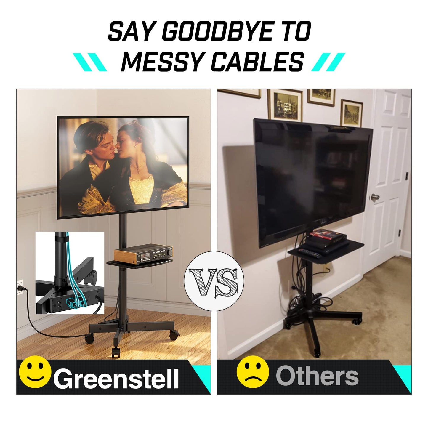 GREENSTELL TV Stand with Power Outlet, Mobile TV Cart on Wheels for 23-60 inch LED LCD Flat Curved Panel Screen TVs, up to 88 lbs, Height Adjustable Rolling TV Stand with AV Shelf, Max VESA 400x400mm