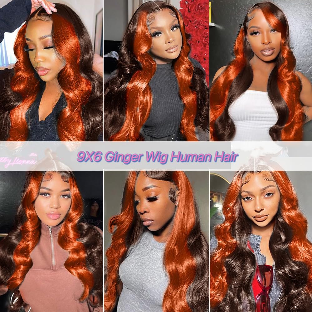 200% Density Wear And Go 9x6 Glueless Wigs Human Hair Pre Plucked Pre Cut For Beginners Ginger Body Wave Lace Front Wigs Human Hair For Black Women HD Lace Closure Colored Glueless Wig(22 INCH)