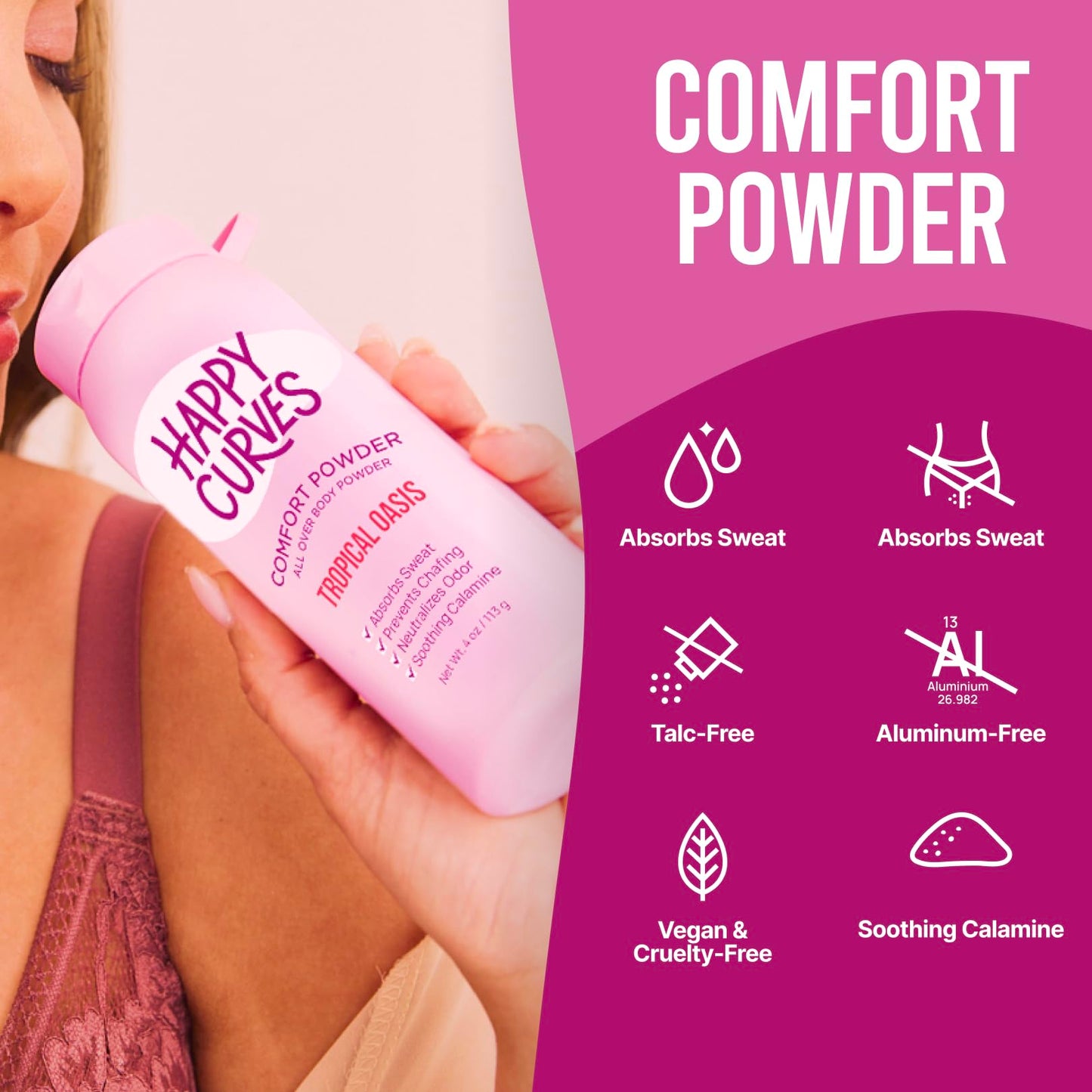 HAPPY CURVES Comfort Powder: Talc Free Anti Chafe Body & Foot Powder Deodorant to Control Inner Thigh Chafing, Private Areas, and All Over Body for Women 4 oz. (1 Pack, Tropical Oasis)
