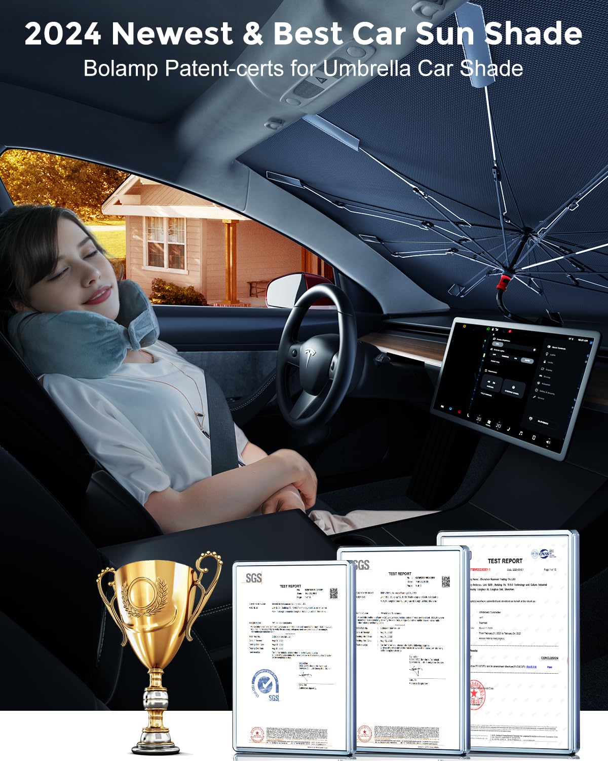 [2025 Updated] Bolamp Car Windshield Sun Shade, [Effective Keep Cool] Spring Structure Umbrella Sunshade for Automobile Windshield, Protect Cars Interior from Sun Rays, Heat Damage - Medium