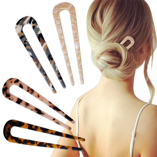 FRDTLUTHW 4.3Inch U Shaped Hair Fork Acetate Tortoiseshell French Hair Pin Colored 2 Prong Bun Hair Sticks for Women(pack of 4)