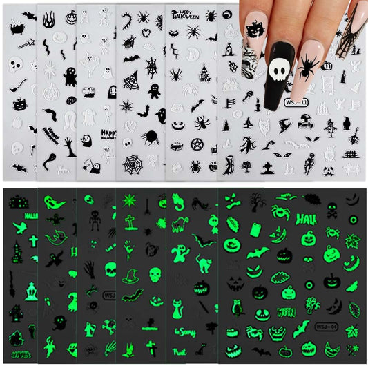 12 Sheets Halloween Nail Stickers Decals Skull Ghost Nail Decals Bat Spider Web Nail Stickers for 3D Adhesive Nail Art Stickers Pumpkin Nail Decals with Design Glow in The Dark for Women Decorations