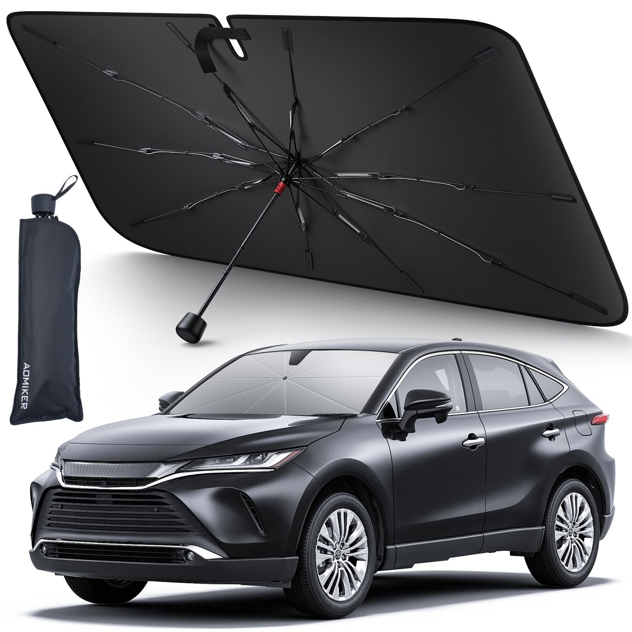 Aomiker Car Windshield Sun Shade Umbrella - [10 Fiberglass Ribs] Foldable Front Windshield Cover, Heat Insulation Protection, 5 Layers UV Block Coating, Wind Cover for SUV Auto Sedan (57"x32")